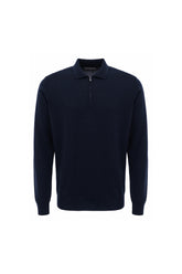 Aviator Navy blue zip up extra fine wool polo shirt