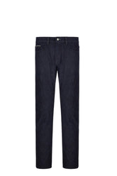 Fivepocket regular fit medium blue soft touch denim with coloured selvedge