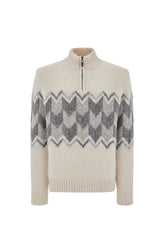 Zip up rollneck in cream alpaca blend with grey tones