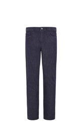 Dark blue regular fit five pocket cotton and silk blend pants