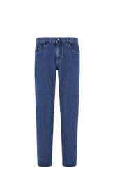 Medium blue regular fit five pocket cotton and silk blend pants