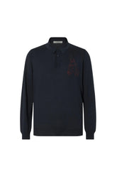 Navy button-up embroidered silk and cotton polo shirt