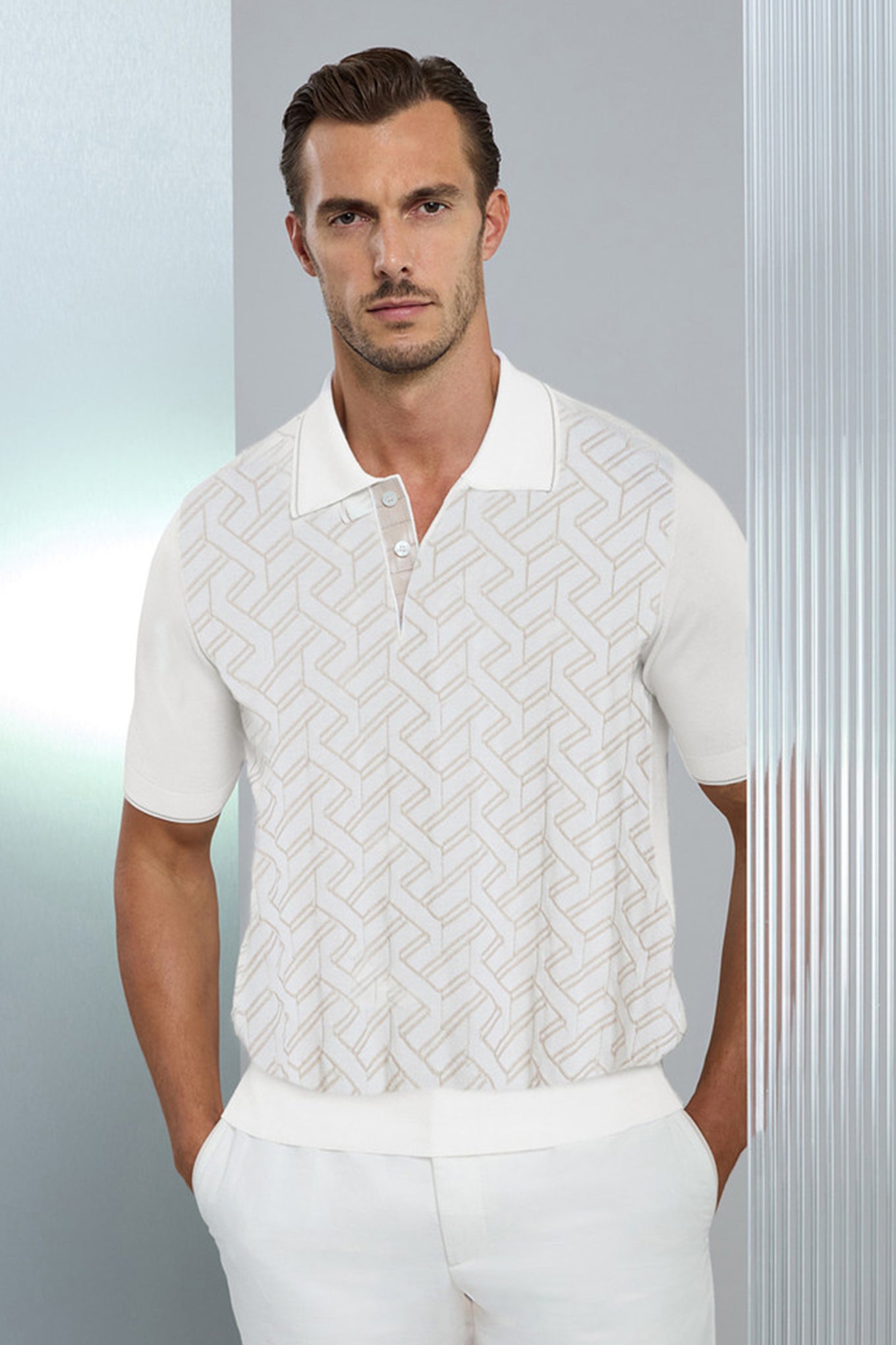 Natural white “Braid Vanisé” button-down polo shirt