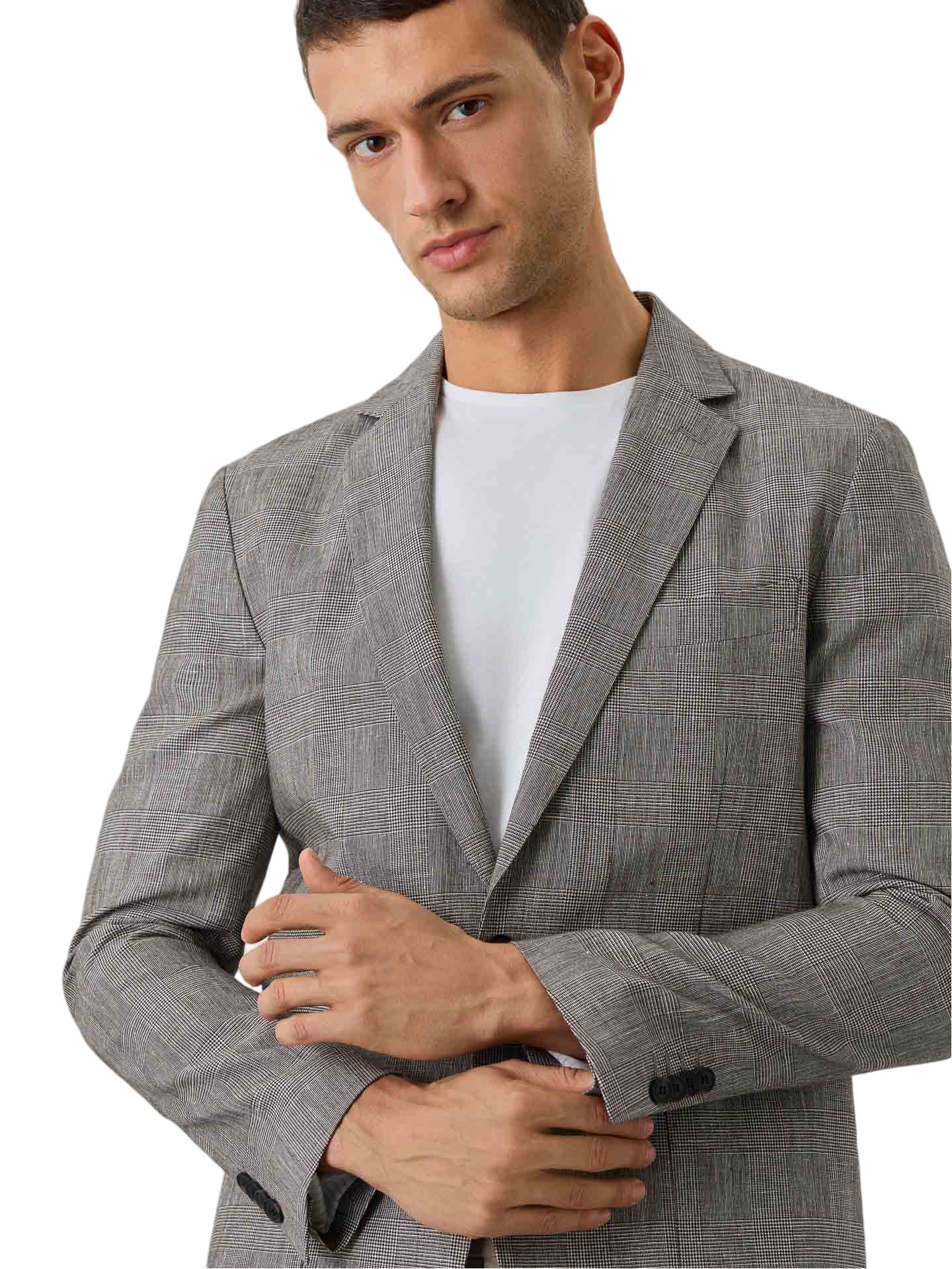 Half-Canvas Checks Blazer With Patch Pockets In Linen