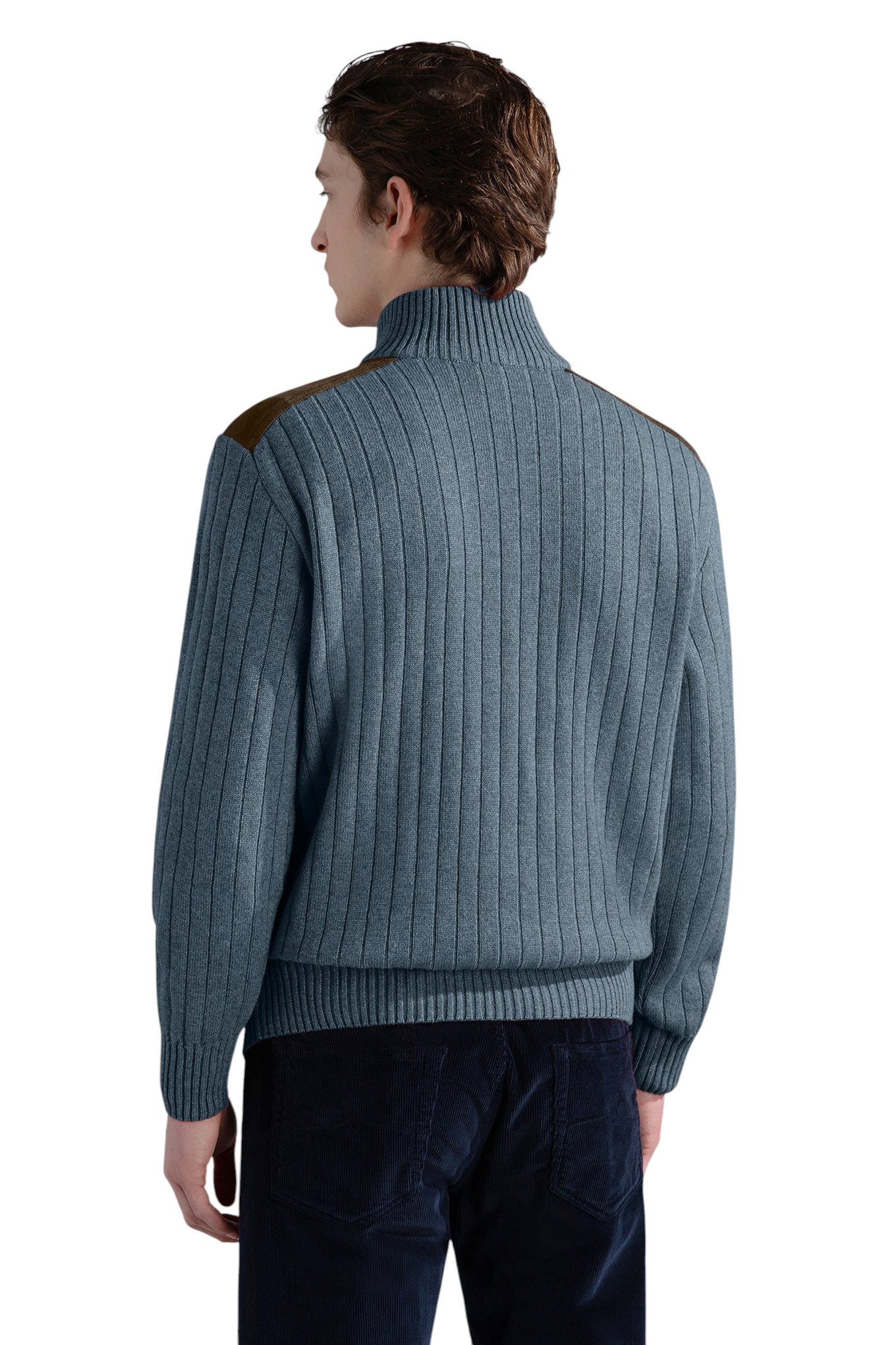 wool cashmere half zip sweater with suede details