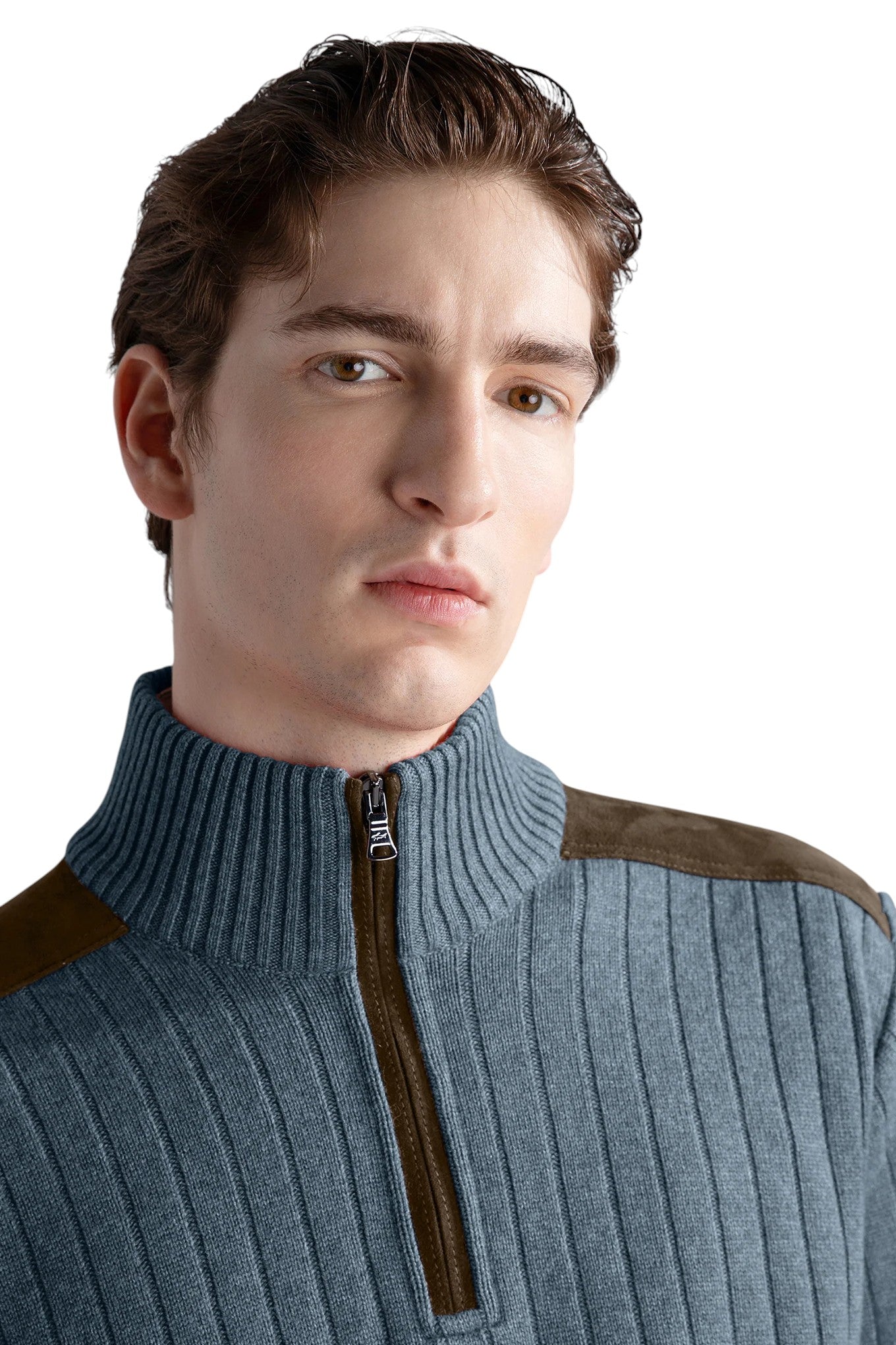 wool cashmere half zip sweater with suede details