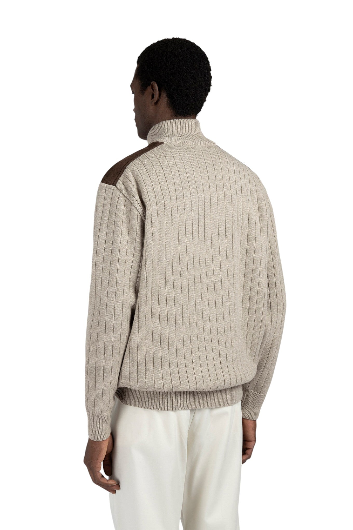 wool cashmere half zip sweater with suede details