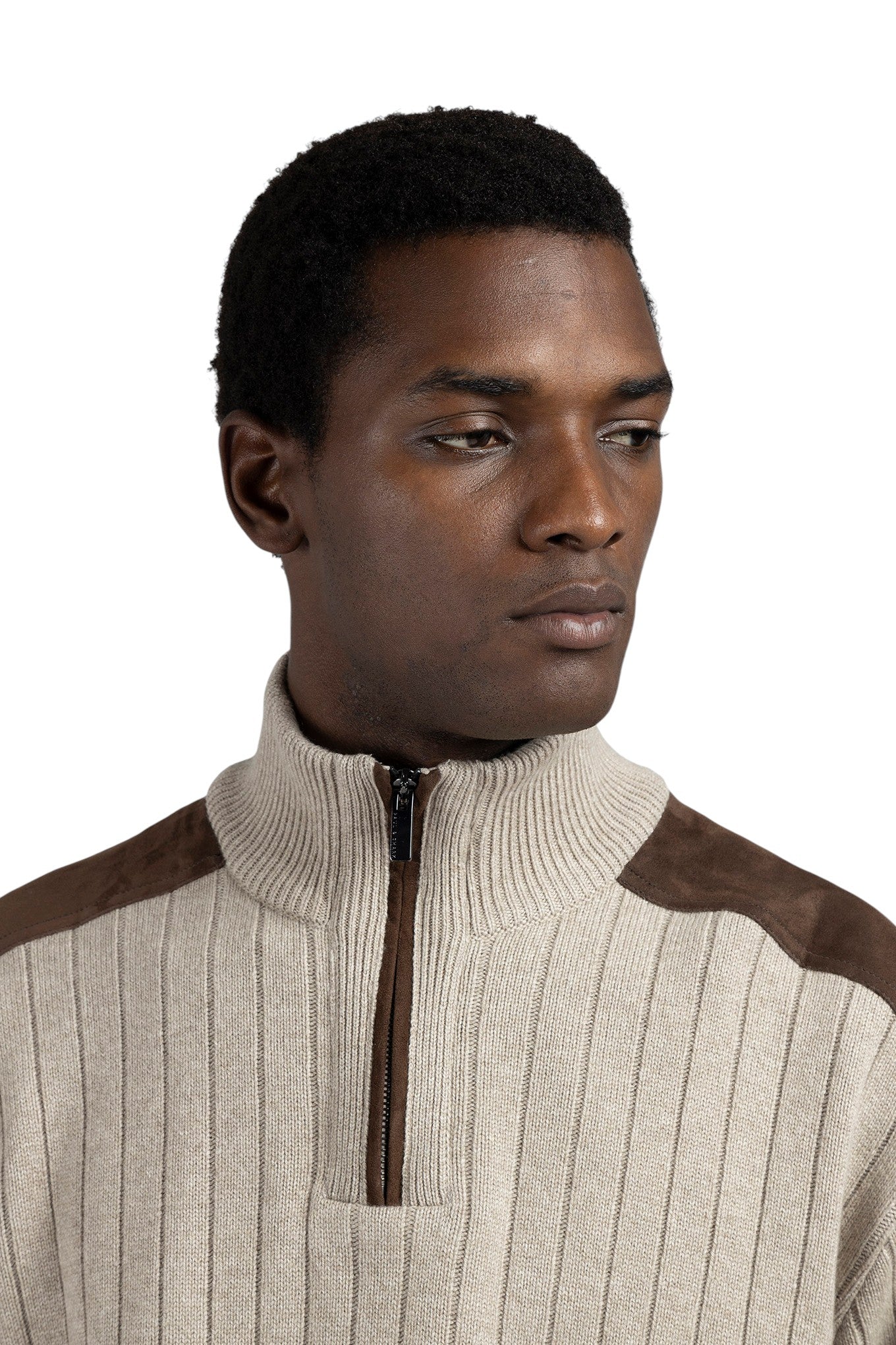 wool cashmere half zip sweater with suede details