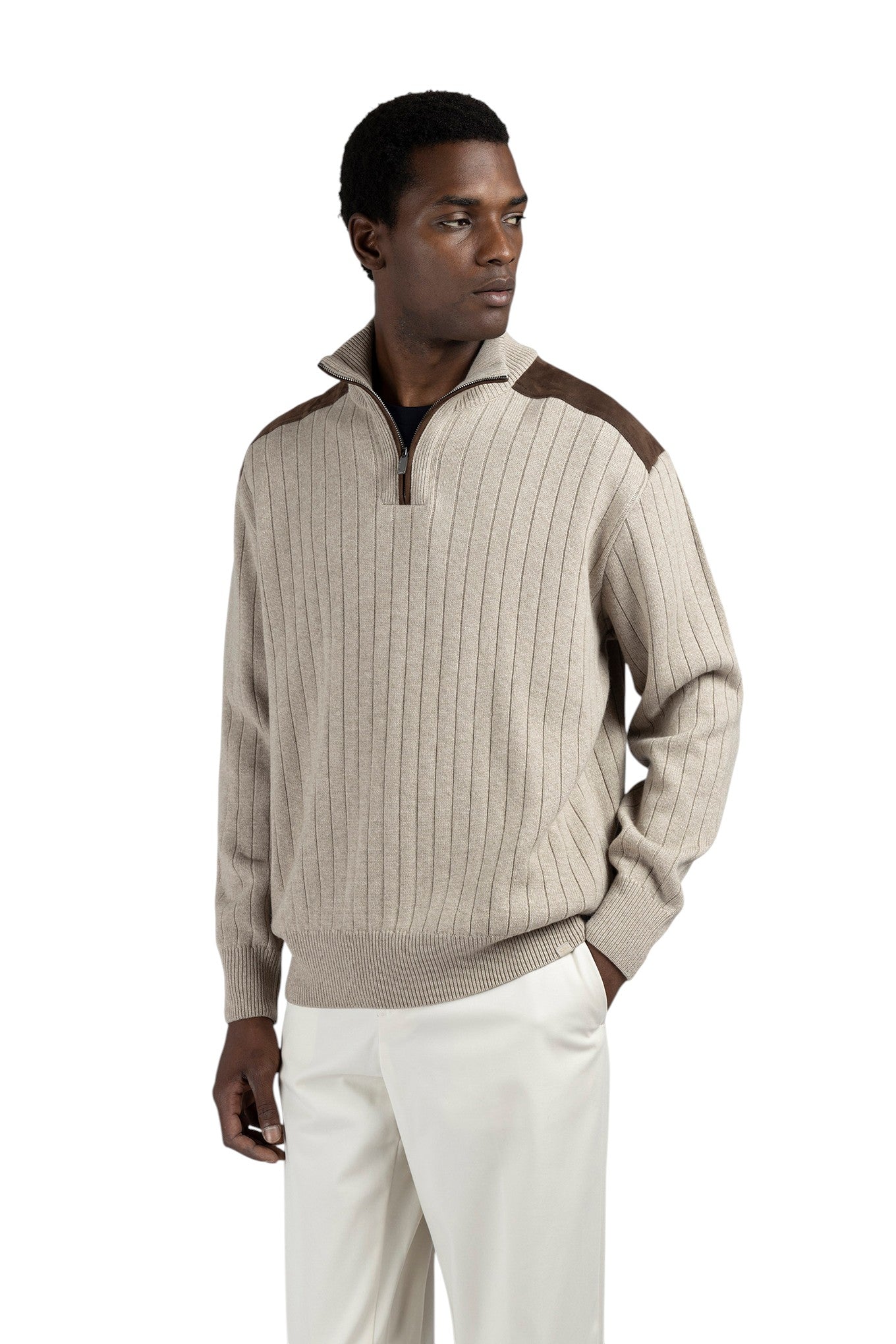 wool cashmere half zip sweater with suede details