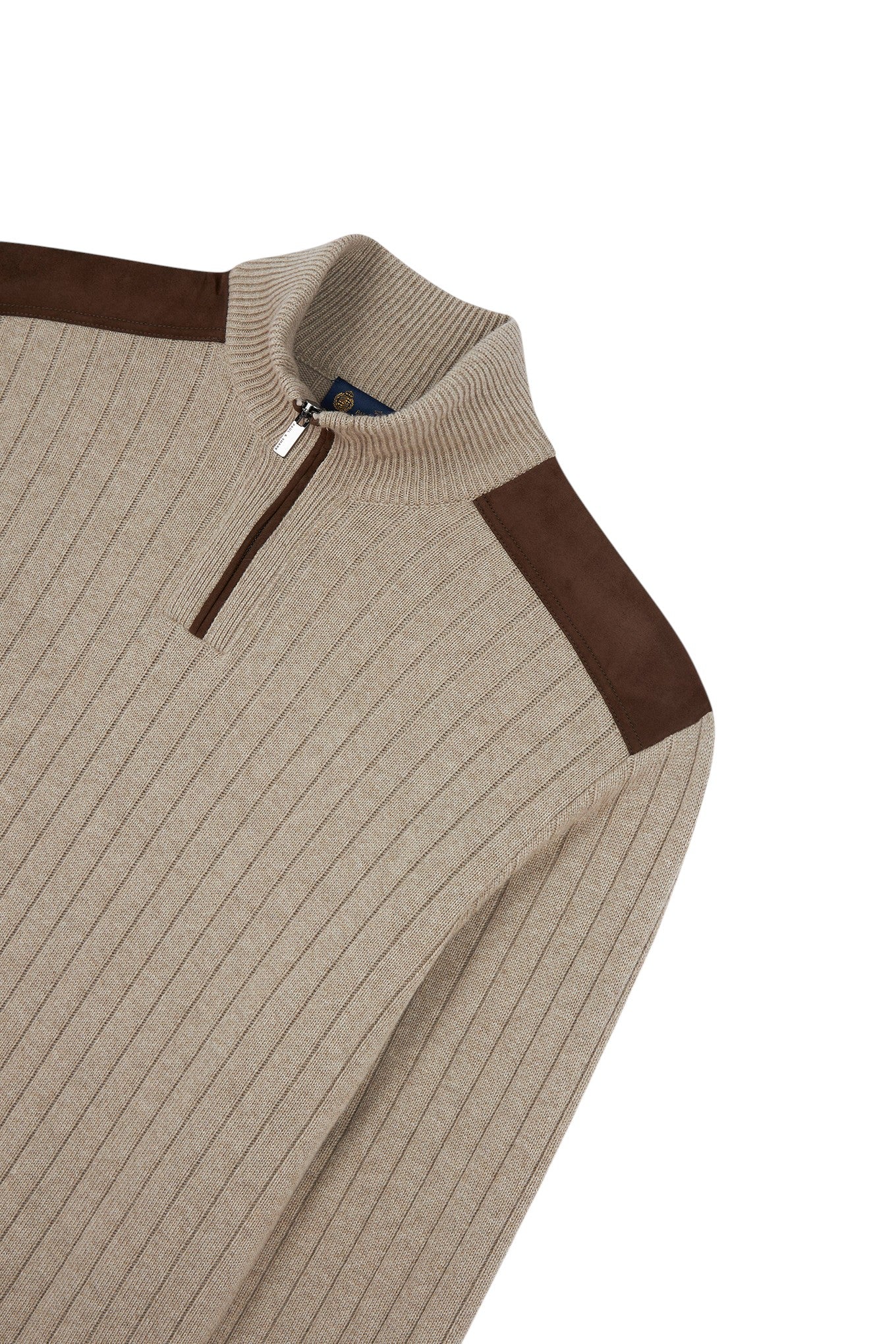 wool cashmere half zip sweater with suede details