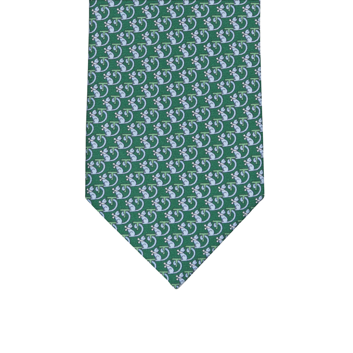 3-fold Silk Tie with Kitten Pattern Green - M49155