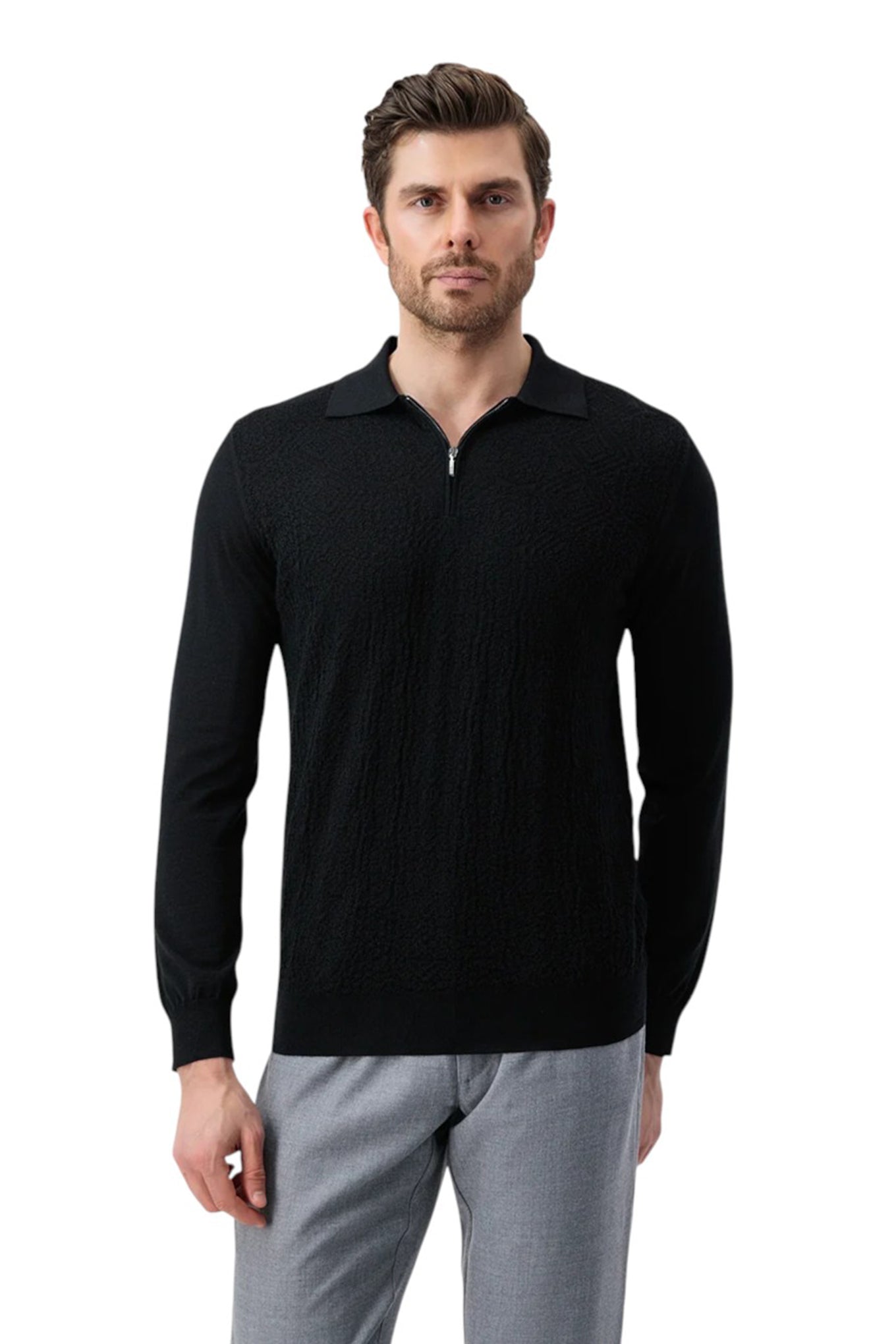 Wool Silk Polo Half Zip Pebbled Knitwear Black