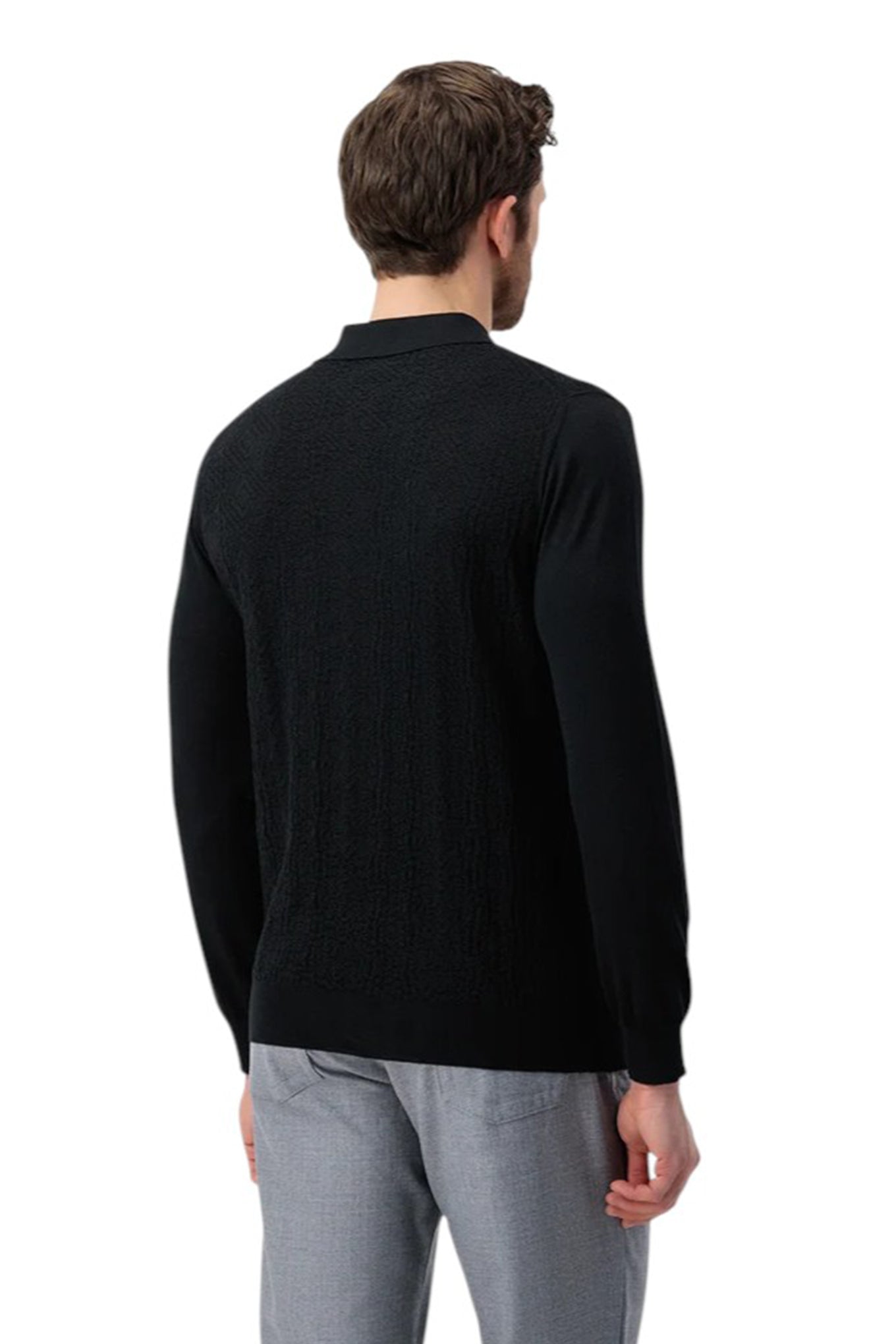 Wool Silk Polo Half Zip Pebbled Knitwear Black