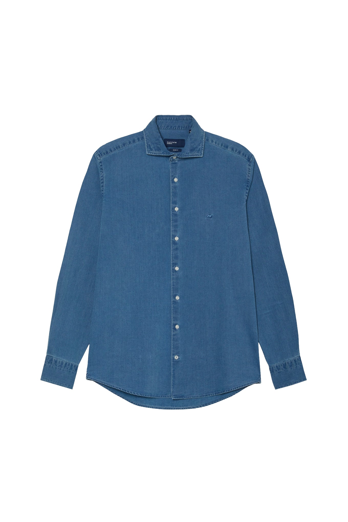 Slim Fit Structured Cotton Denim Shirt With Newport Collar