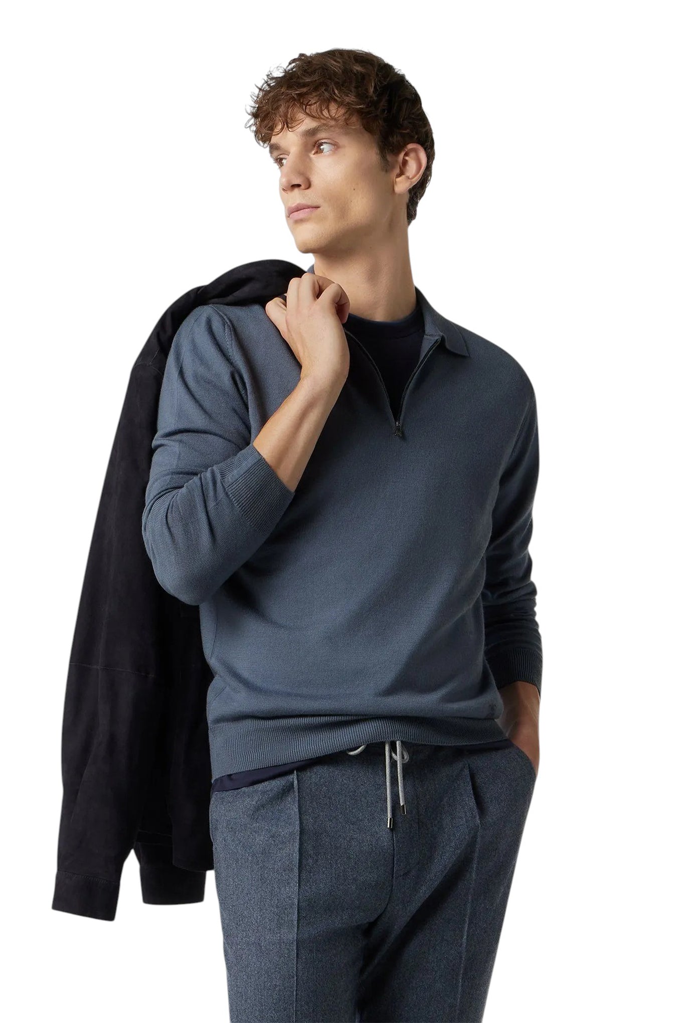 Aviator blue zip-up extra fine wool polo shirt