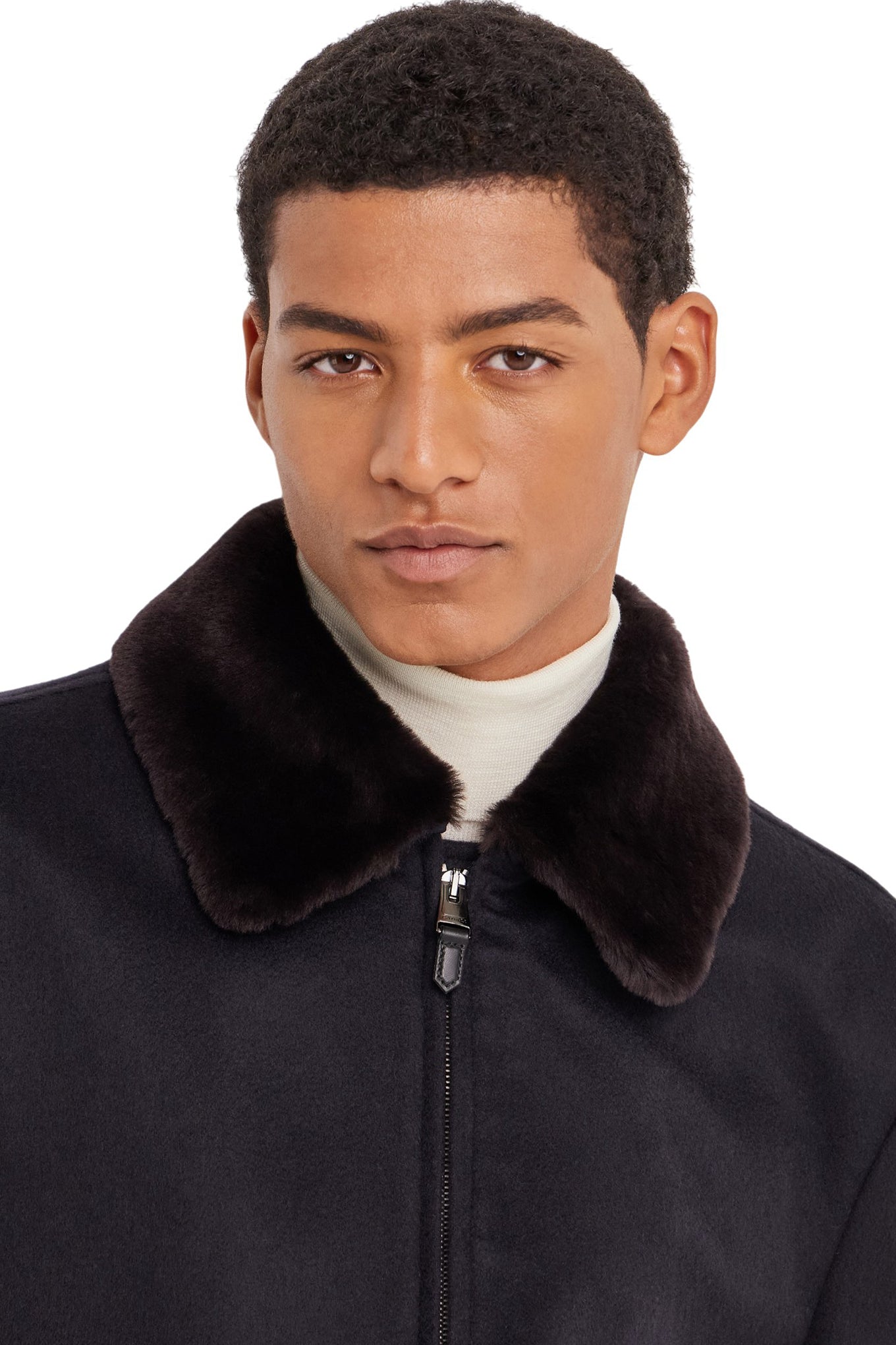 Blue cashmere jacket with membrane and leather details