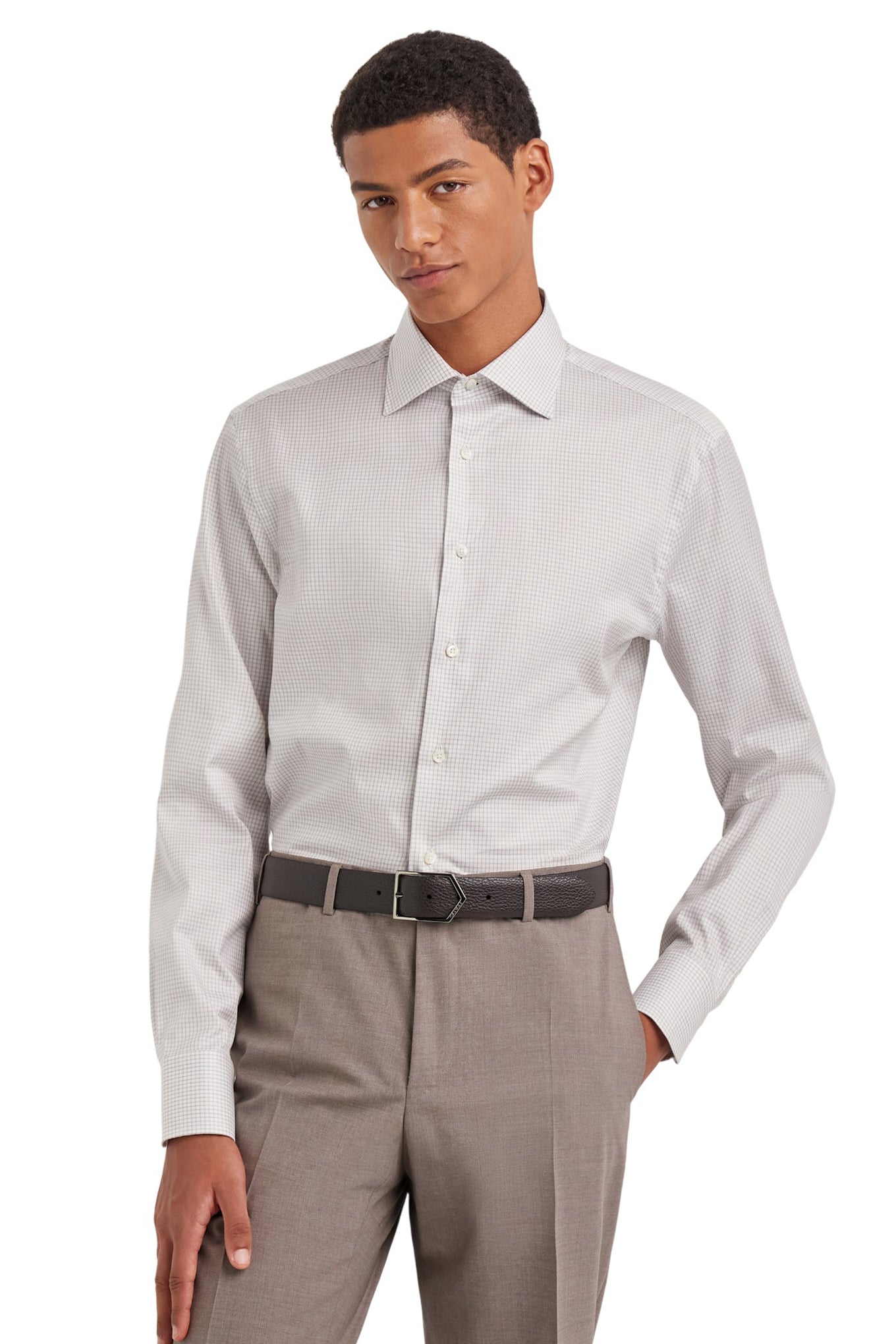 White and brown plaid regular fit cotton shirt