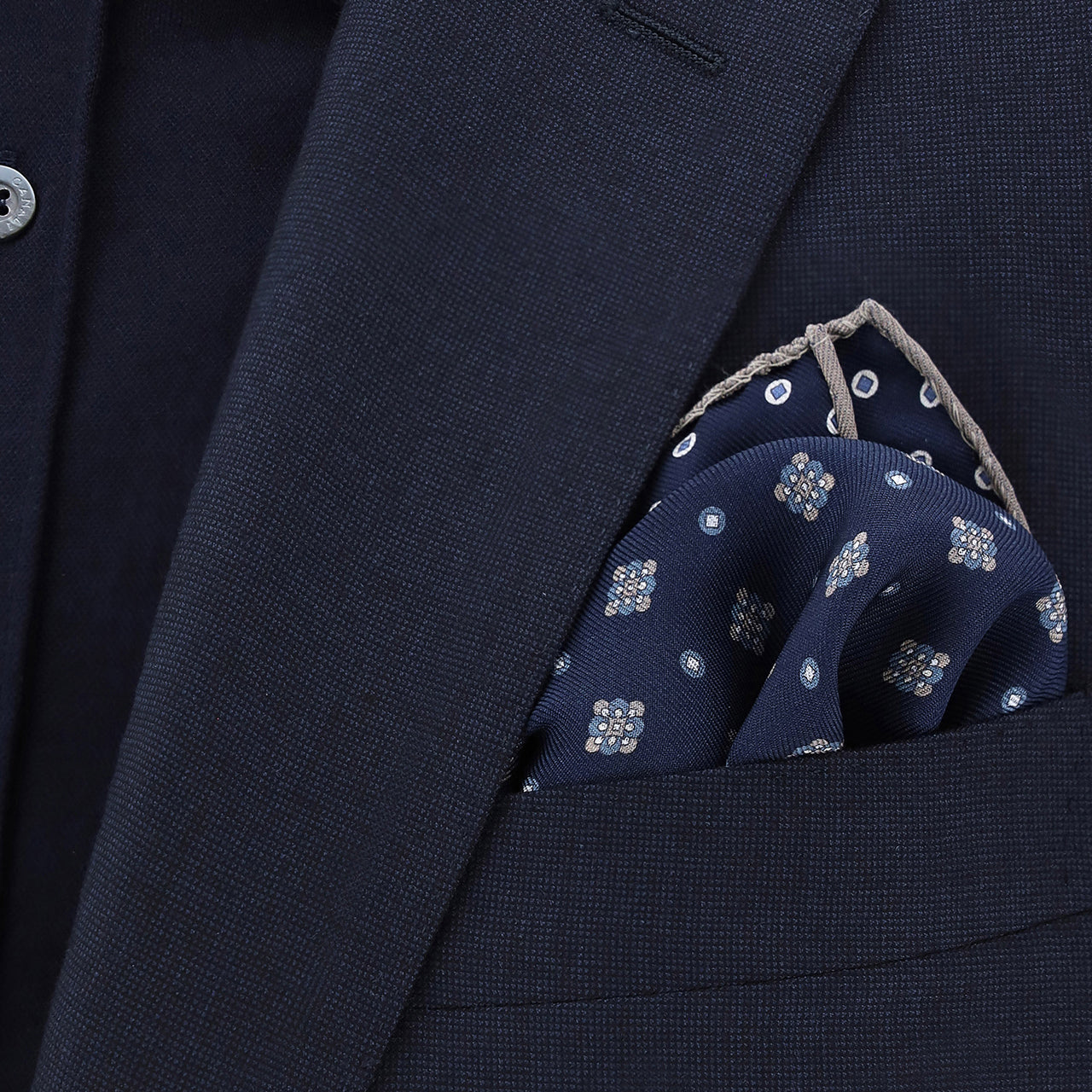 silk double print pocket square with hand-stitched hem