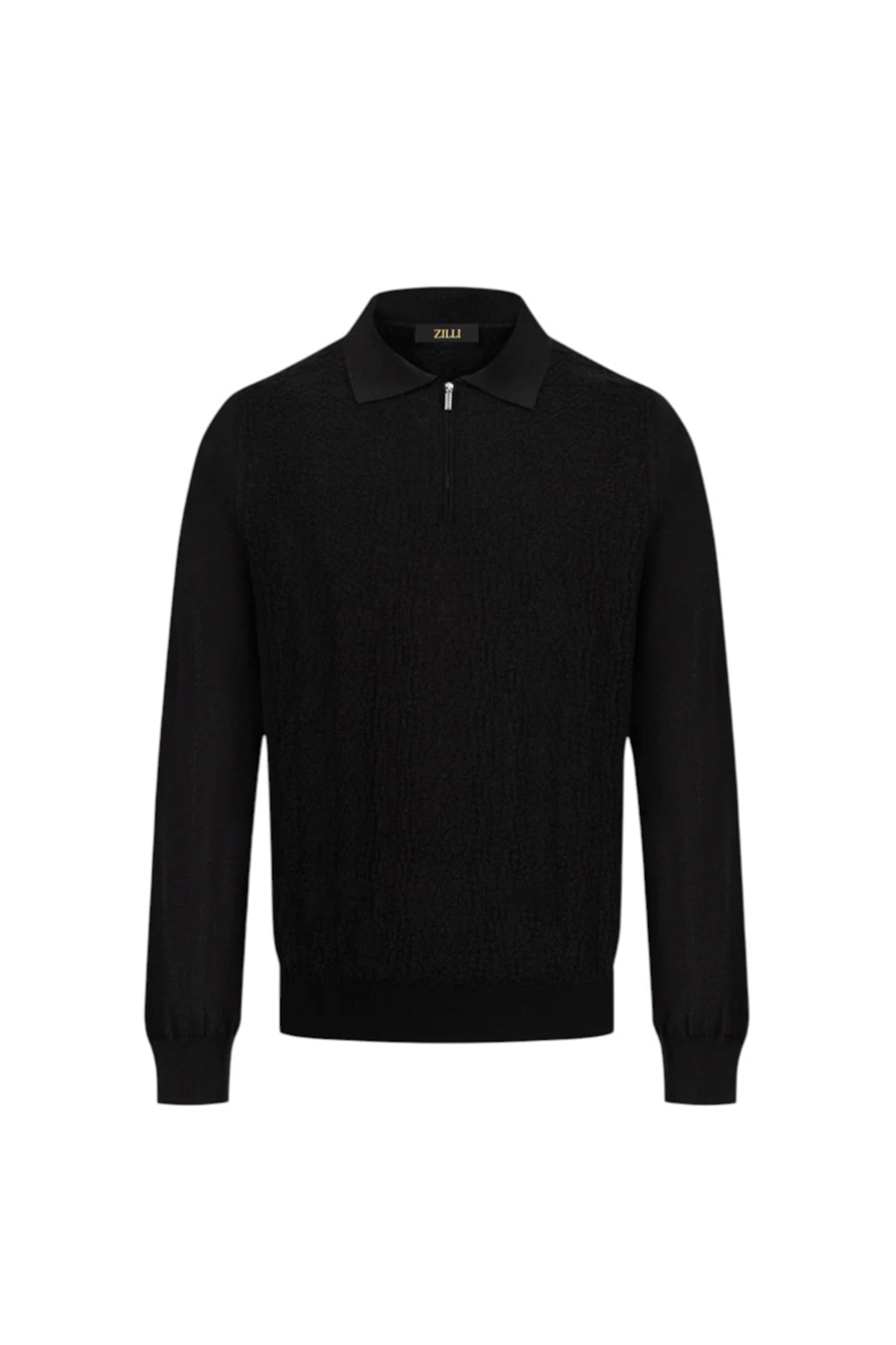 Wool Silk Polo Half Zip Pebbled Knitwear Black