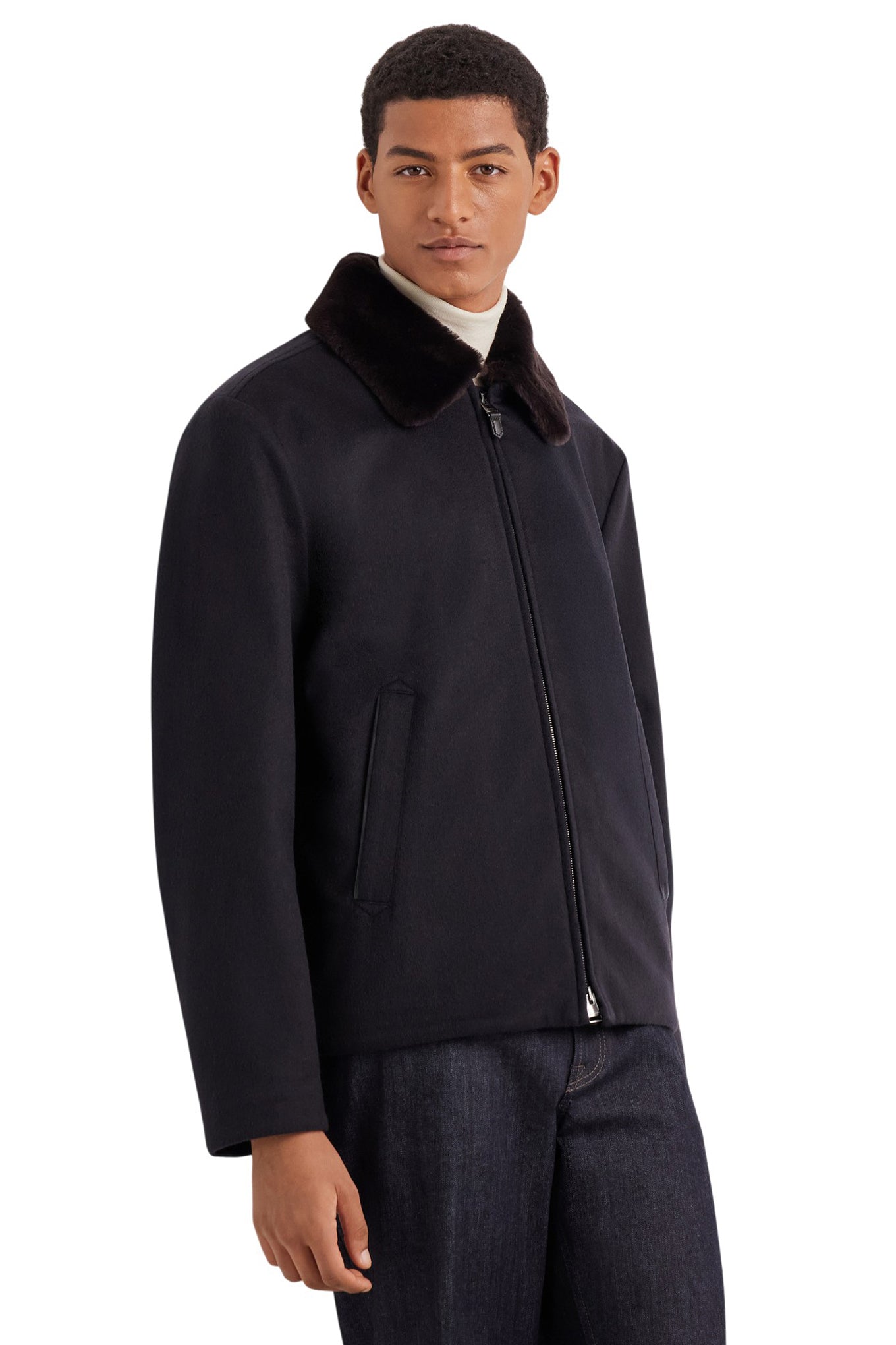 Blue cashmere jacket with membrane and leather details