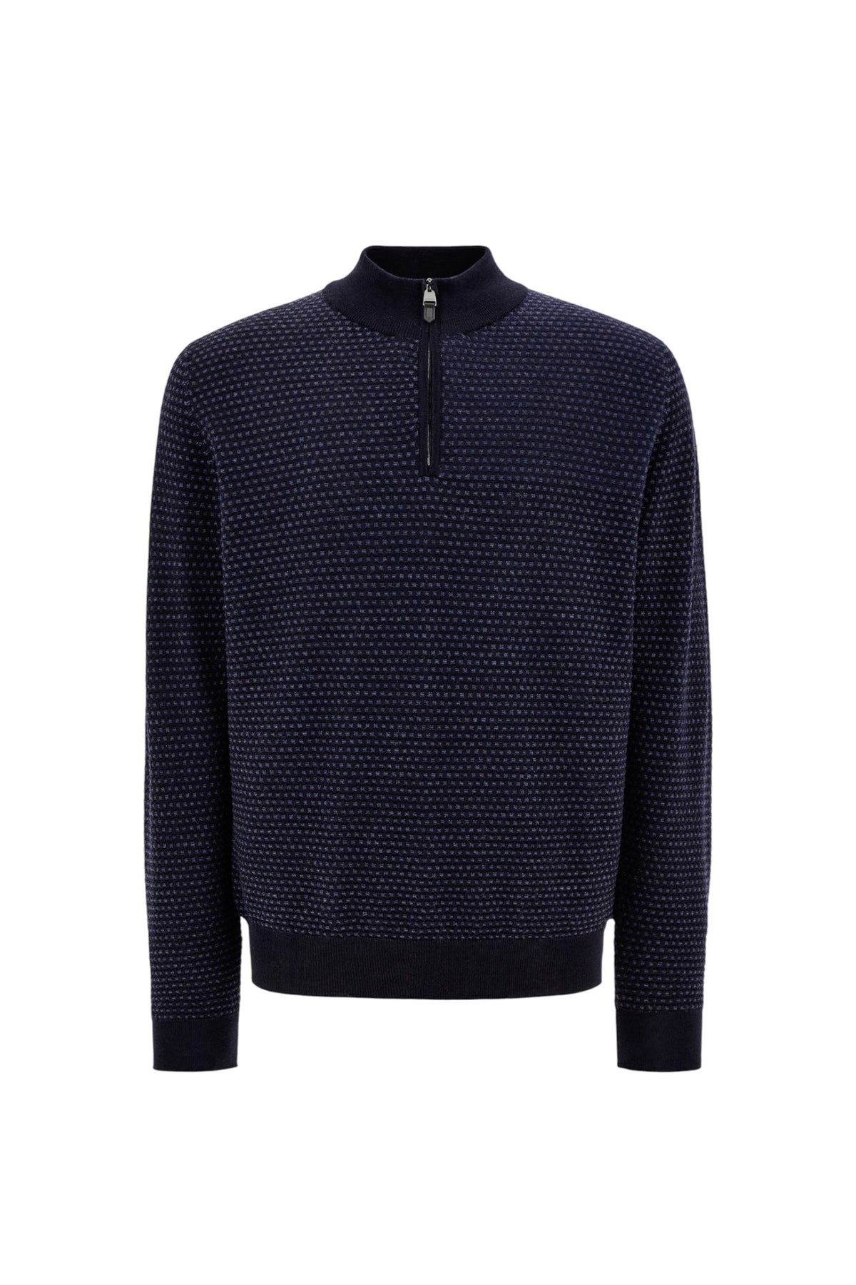 Dark navy and blue pure wool jacquard rollneck with zip