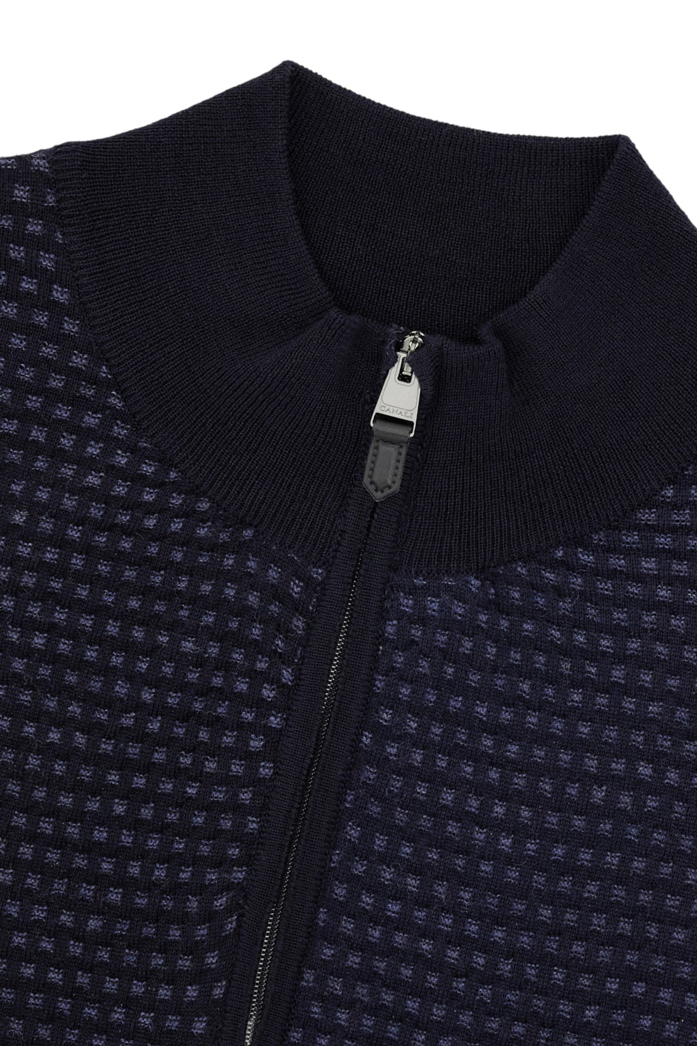 Dark navy and blue pure wool jacquard rollneck with zip
