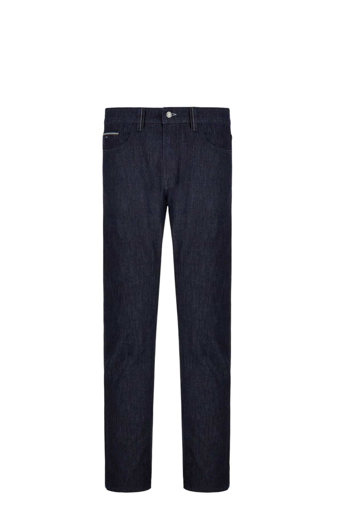 Fivepocket regular fit medium blue soft touch denim with coloured selvedge