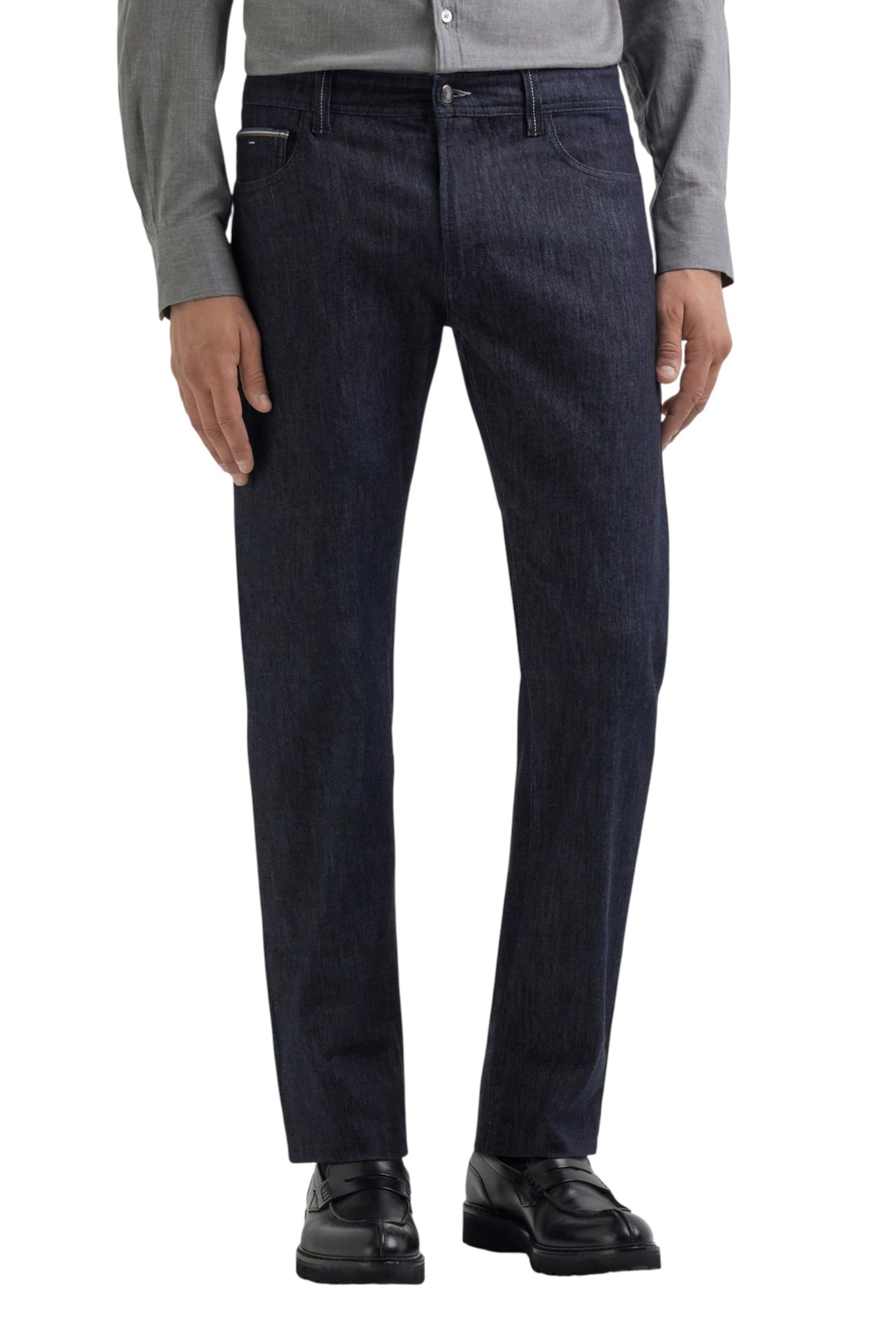 Fivepocket regular fit medium blue soft touch denim with coloured selvedge