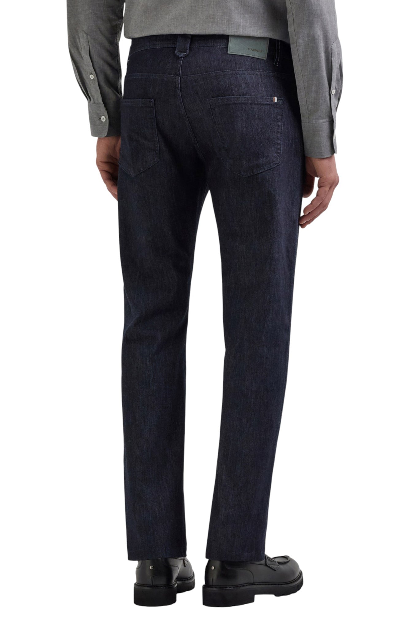 Fivepocket regular fit medium blue soft touch denim with coloured selvedge