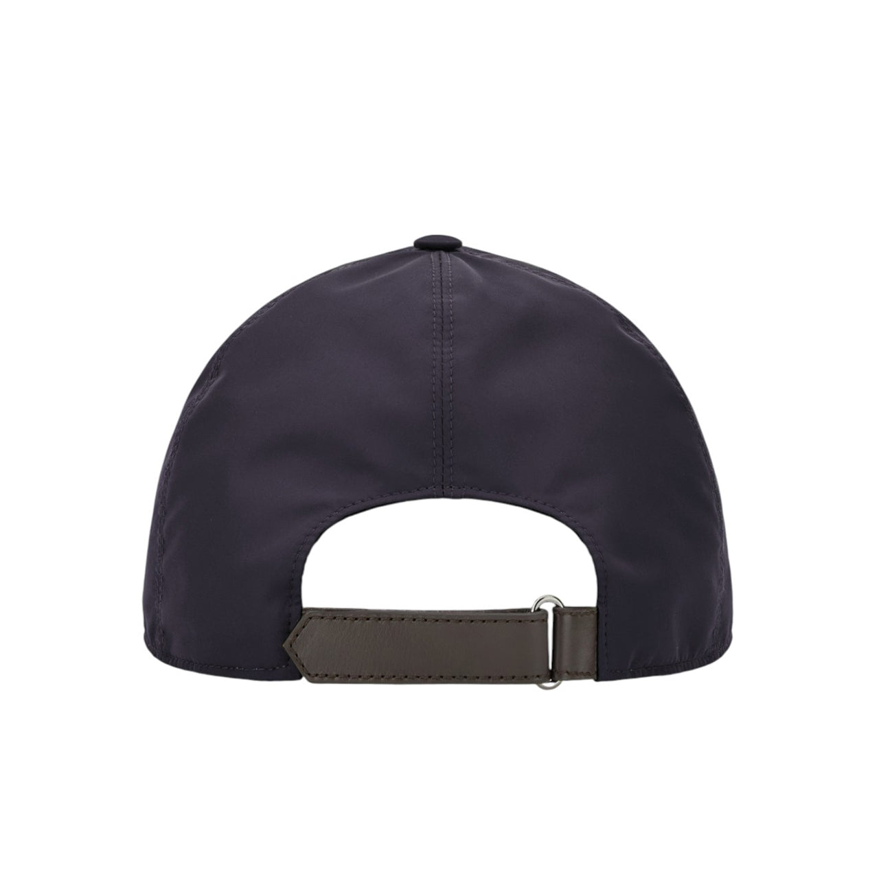 Blue baseball cap with embroidered logo and adjustable leather closure