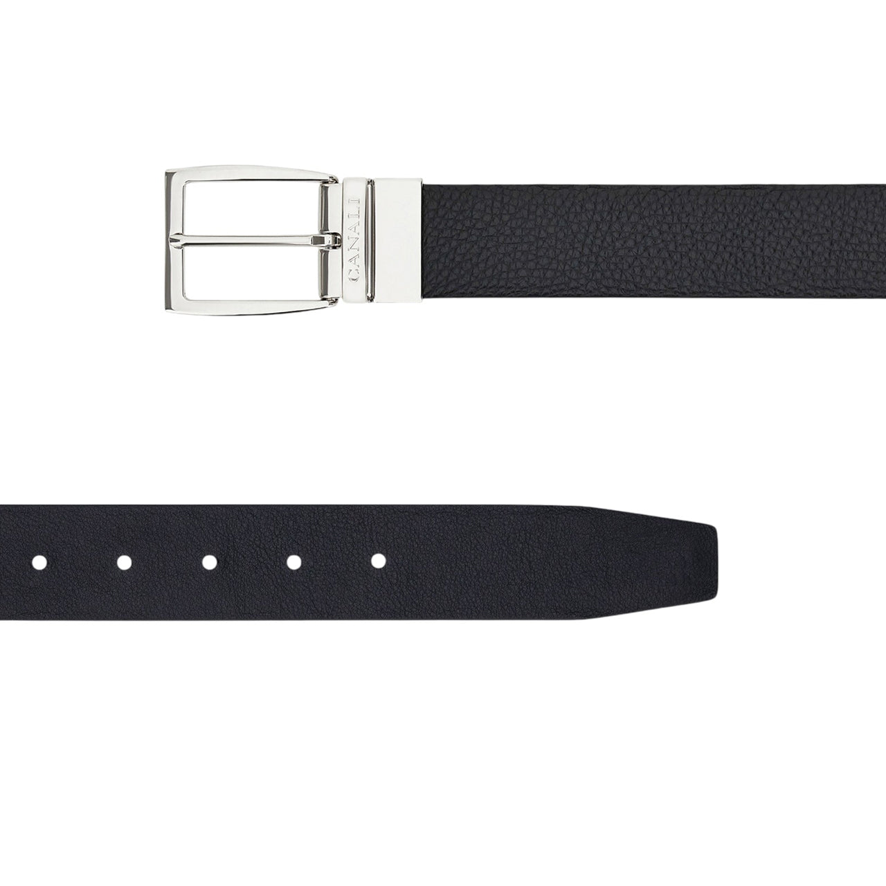 Reversible belt in black grained and smooth calf leather