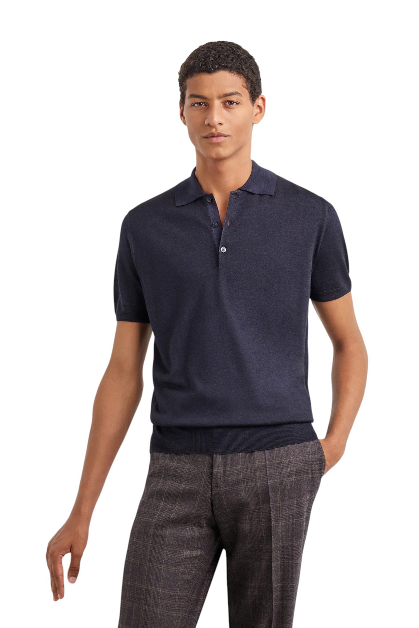 Canali Nuvola dark navy garment-dyed wool and silk polo shirt