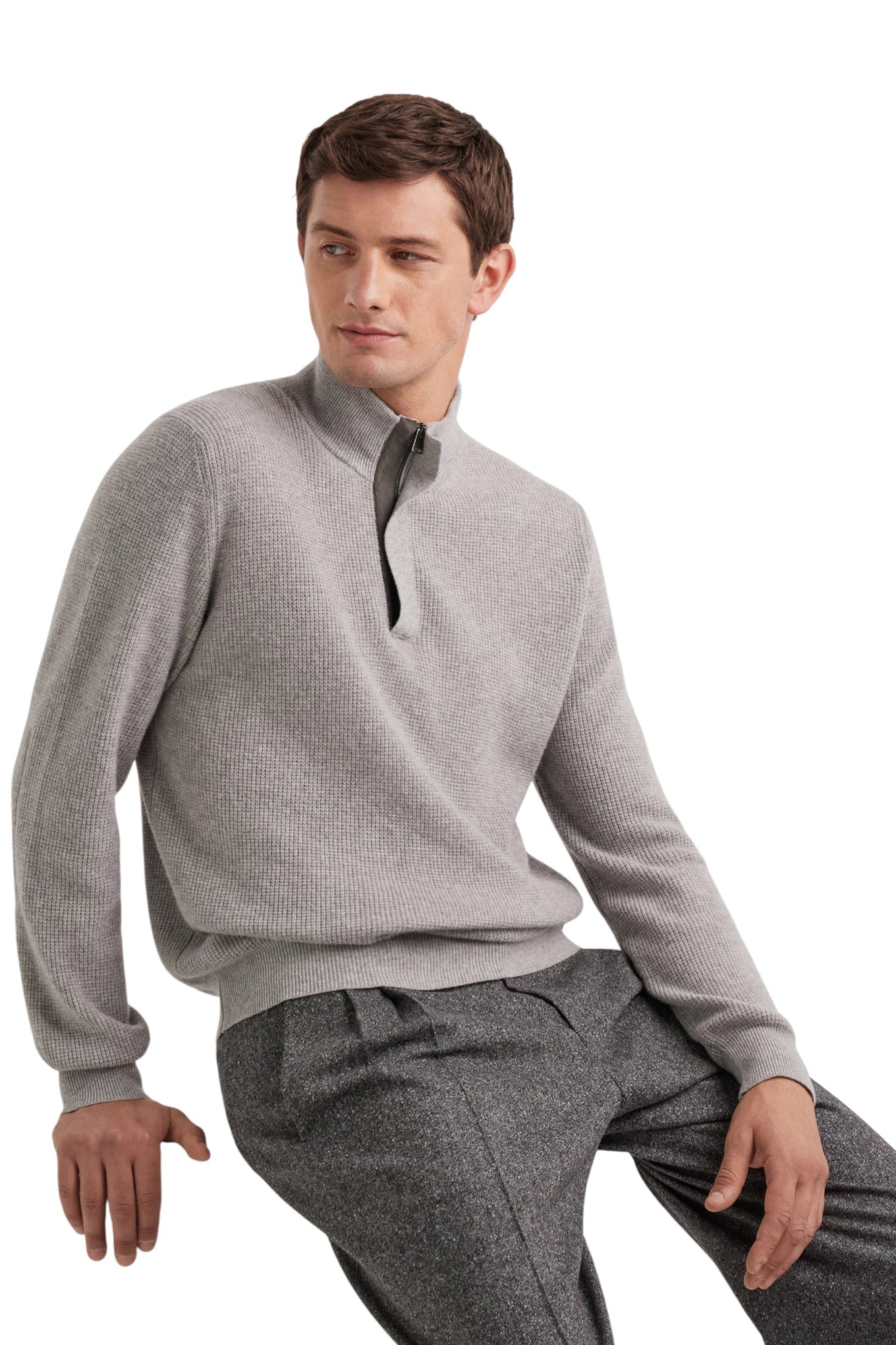 Wool and cashmere zip up rollneck with lambskin leather details