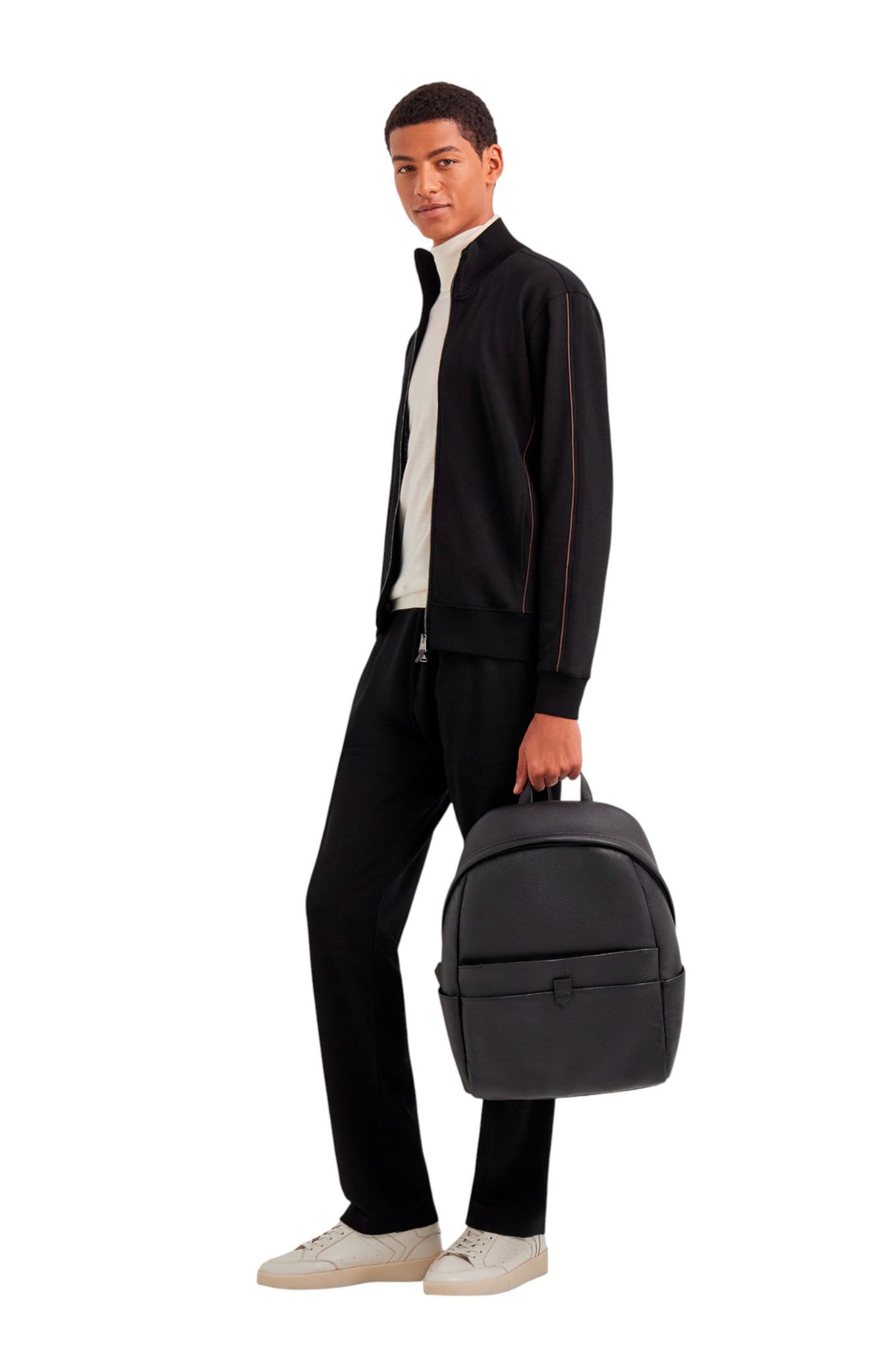 Black extra fine merino wool sweatshirt with piping