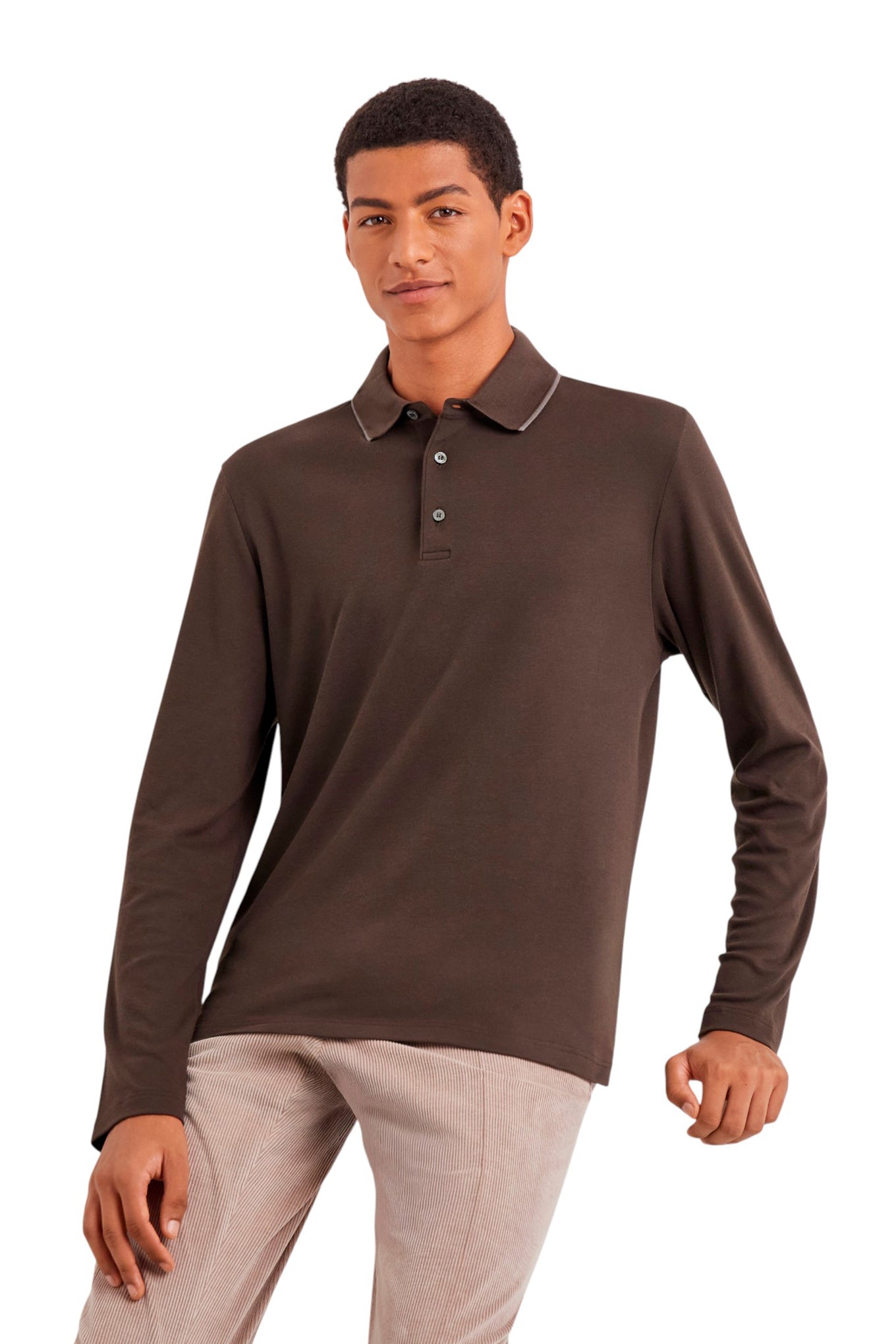 Brown cotton and cashmere T shirt with contrasting profiles