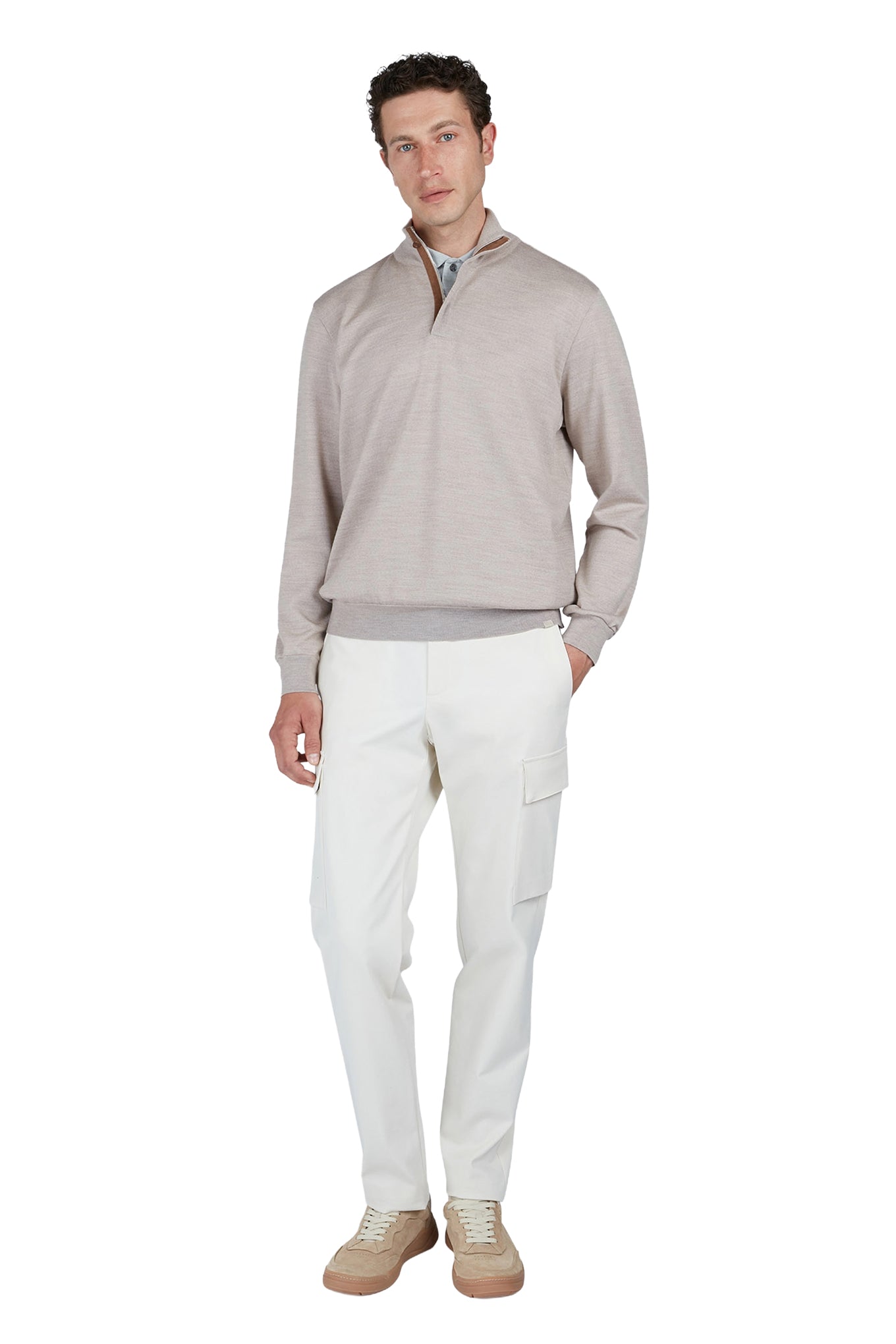 Summer Wool half zip sweater with Alcantara details