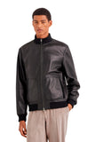 Black lambskin bomber jacket with high neck