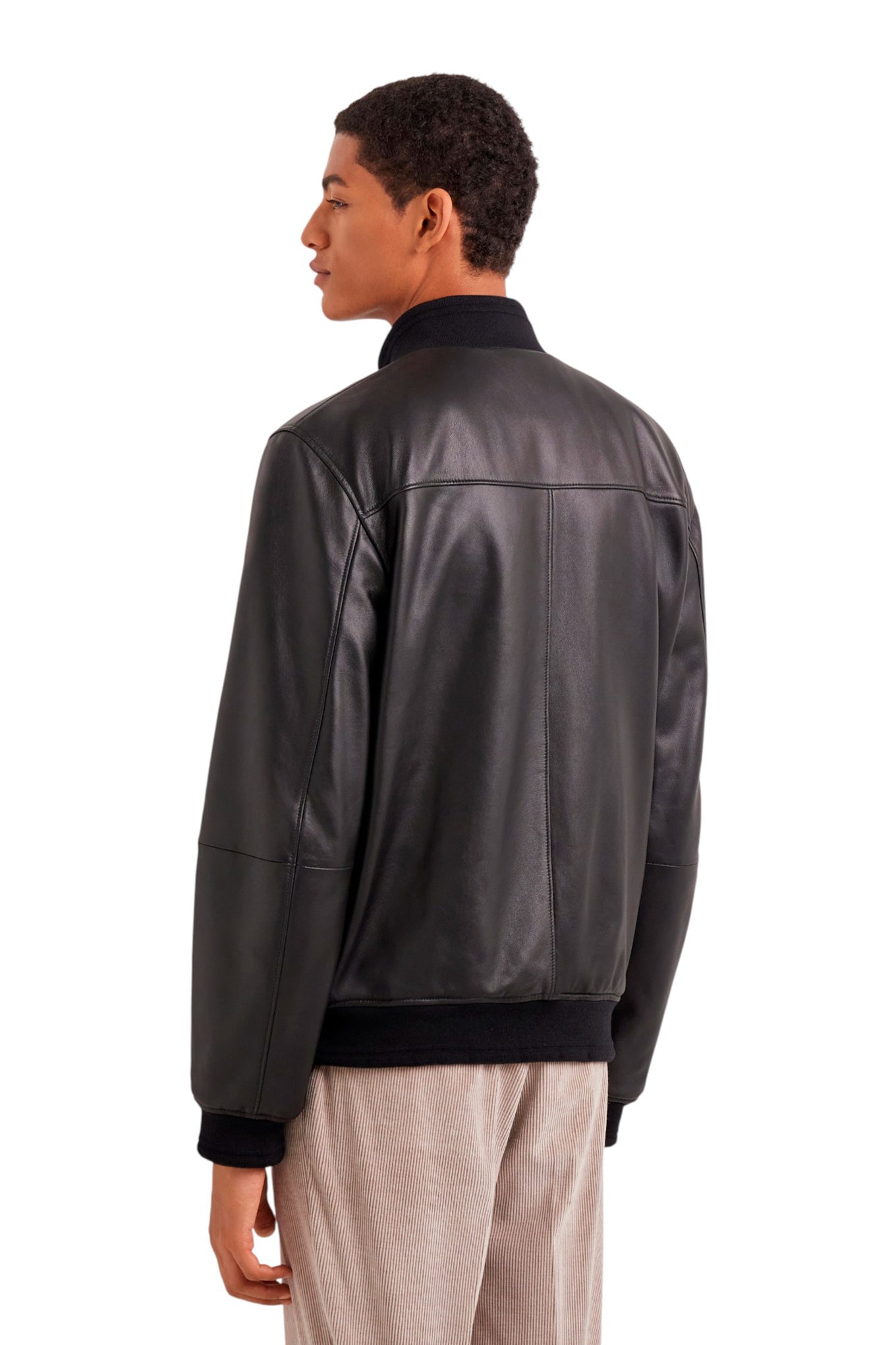 Black lambskin bomber jacket with high neck