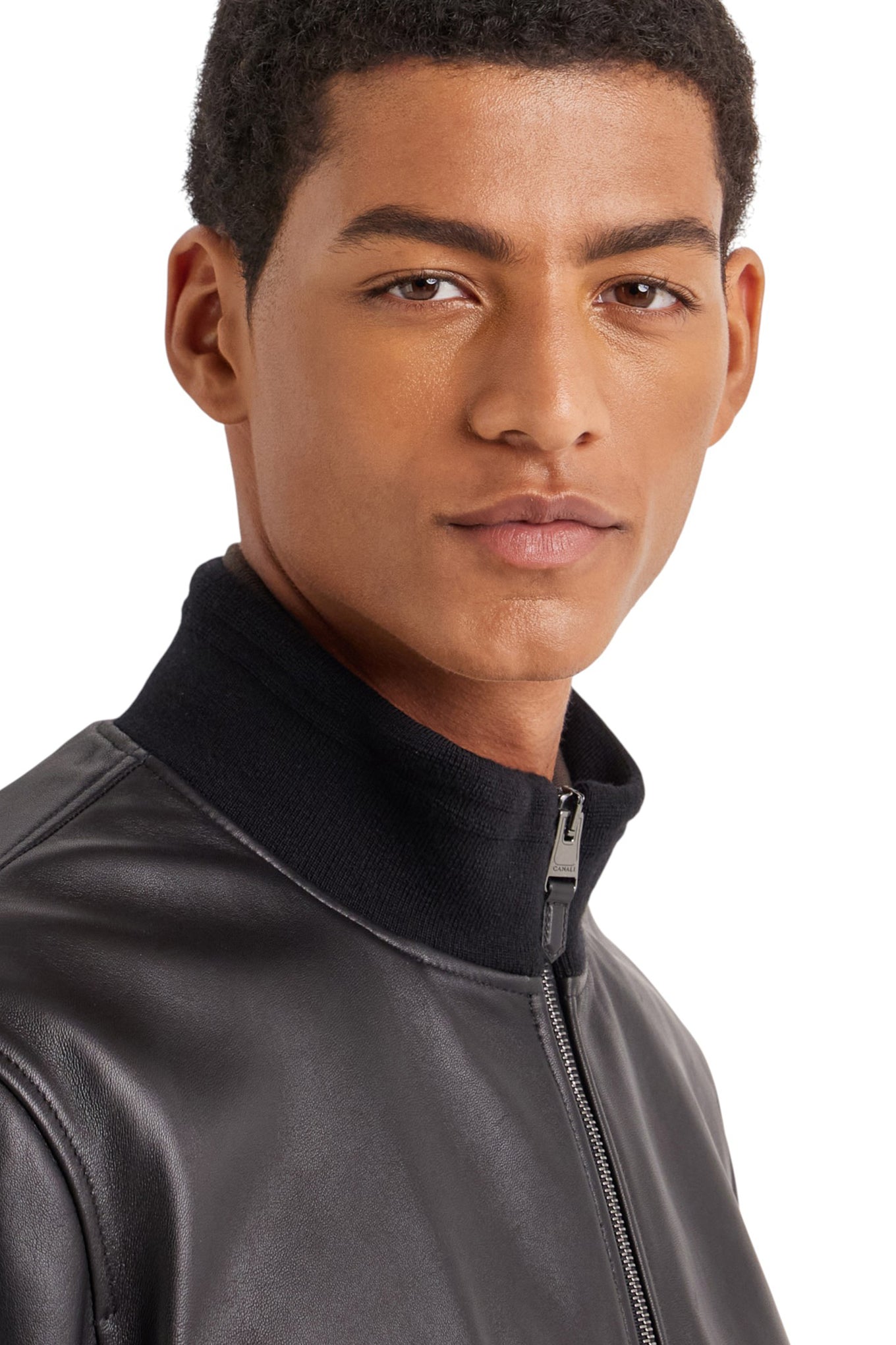 Black lambskin bomber jacket with high neck
