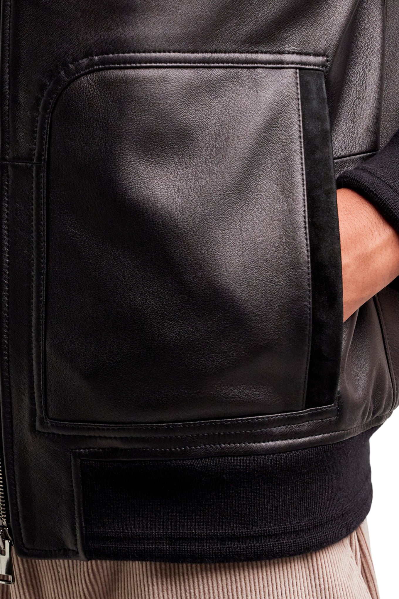 Black lambskin bomber jacket with high neck
