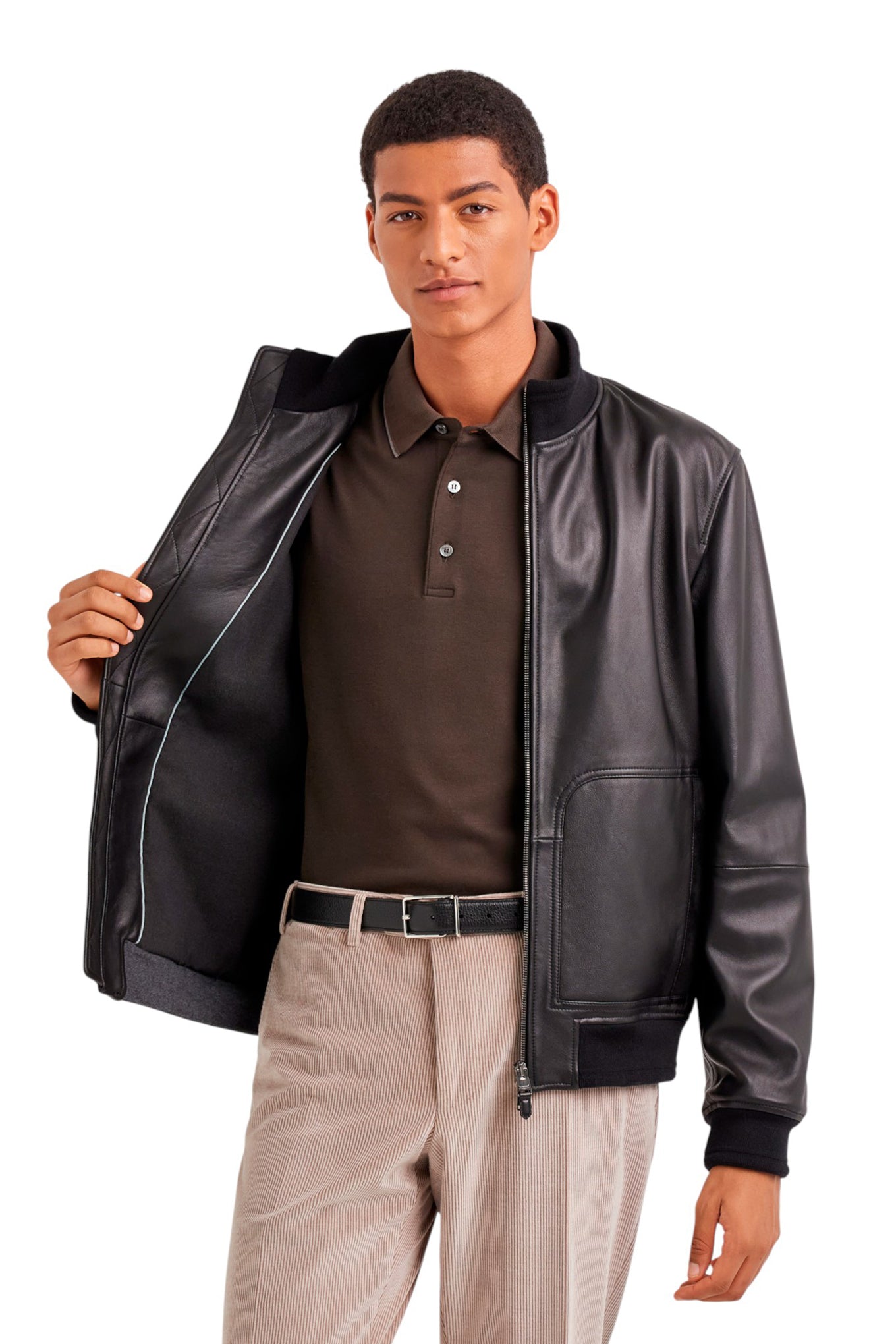 Black lambskin bomber jacket with high neck