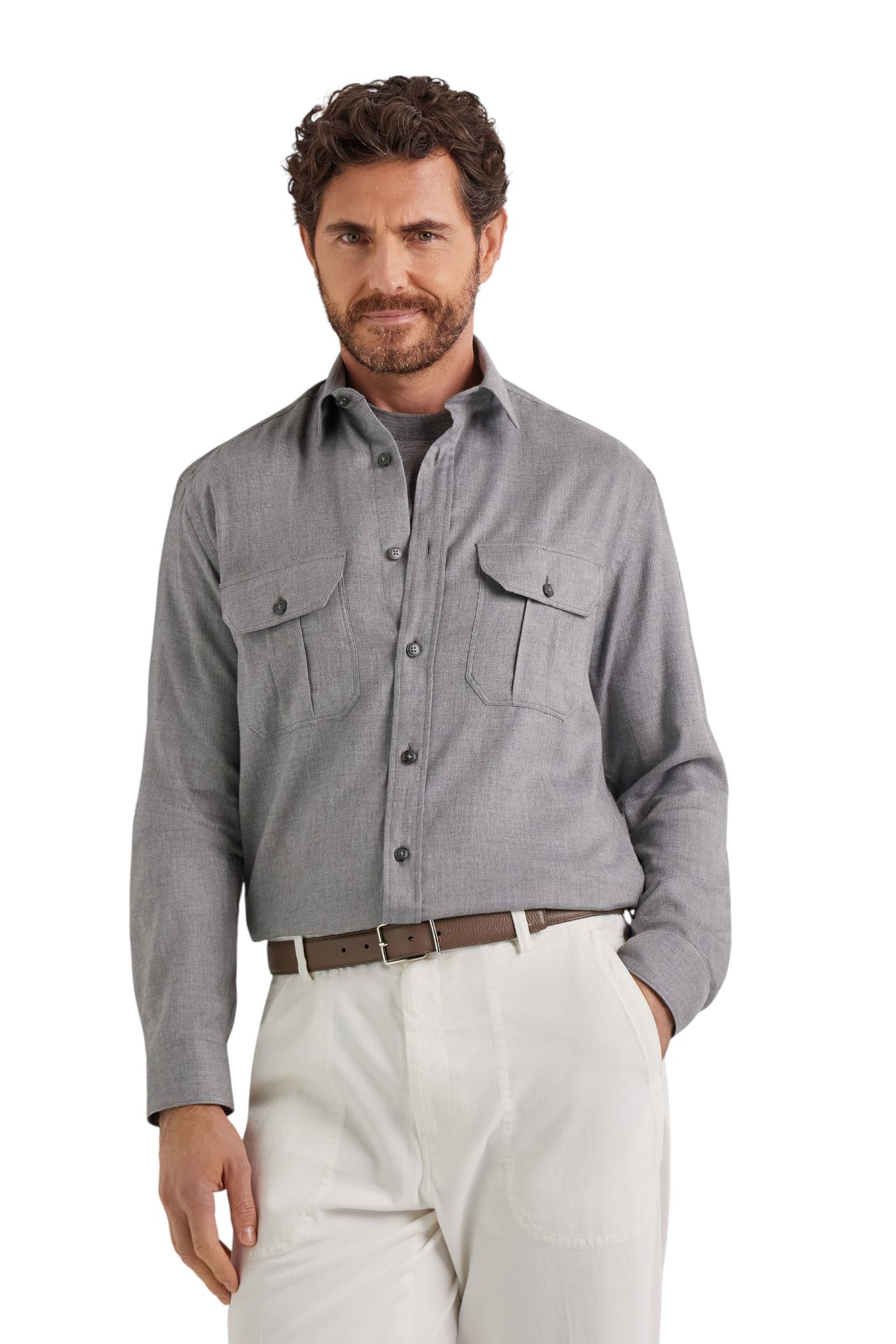 Relaxed fit light grey melange cashmere and cotton blend casual shirt