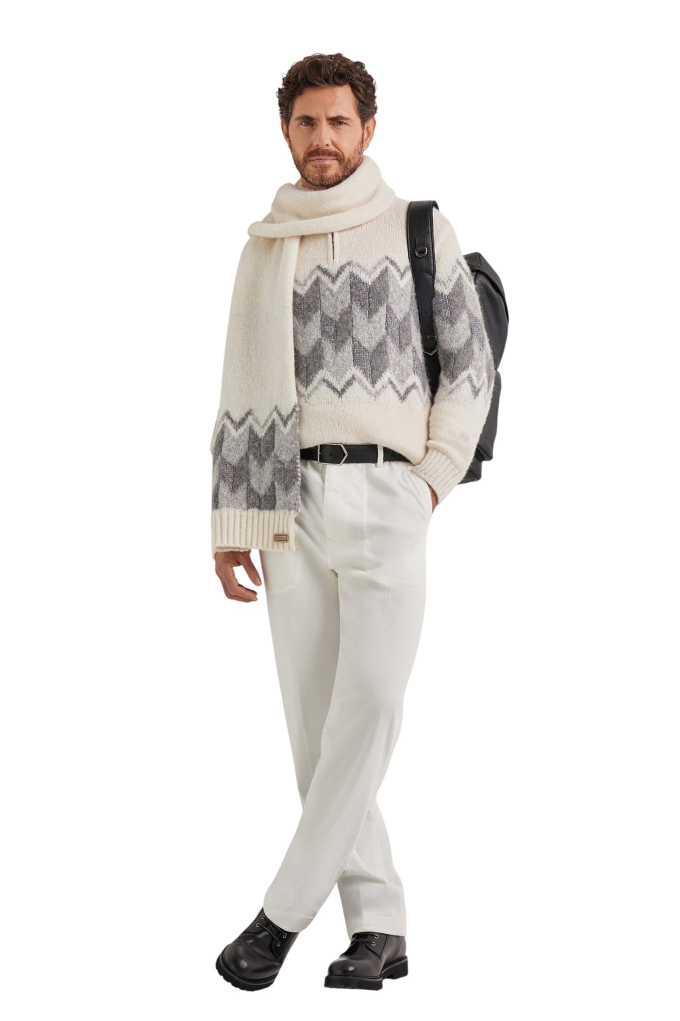 Zip up rollneck in cream alpaca blend with grey tones