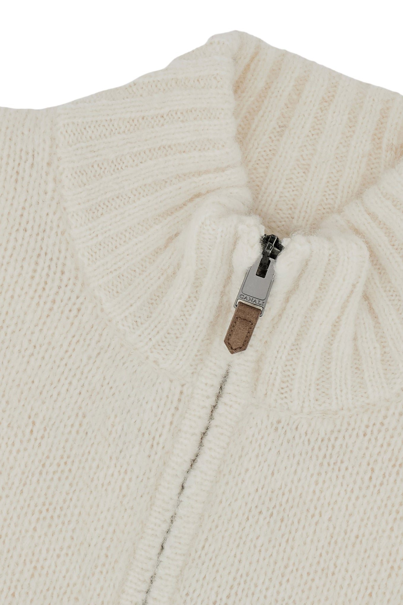 Zip up rollneck in cream alpaca blend with grey tones