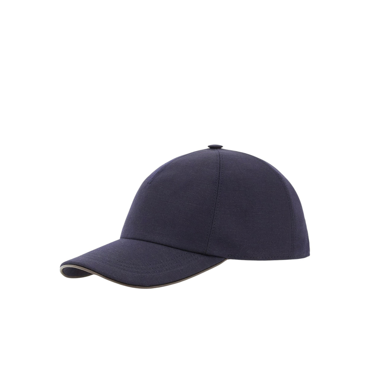 Blue baseball cap in a wool and linen blend with nappa leather details