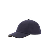Blue baseball cap in a wool and linen blend with nappa leather details