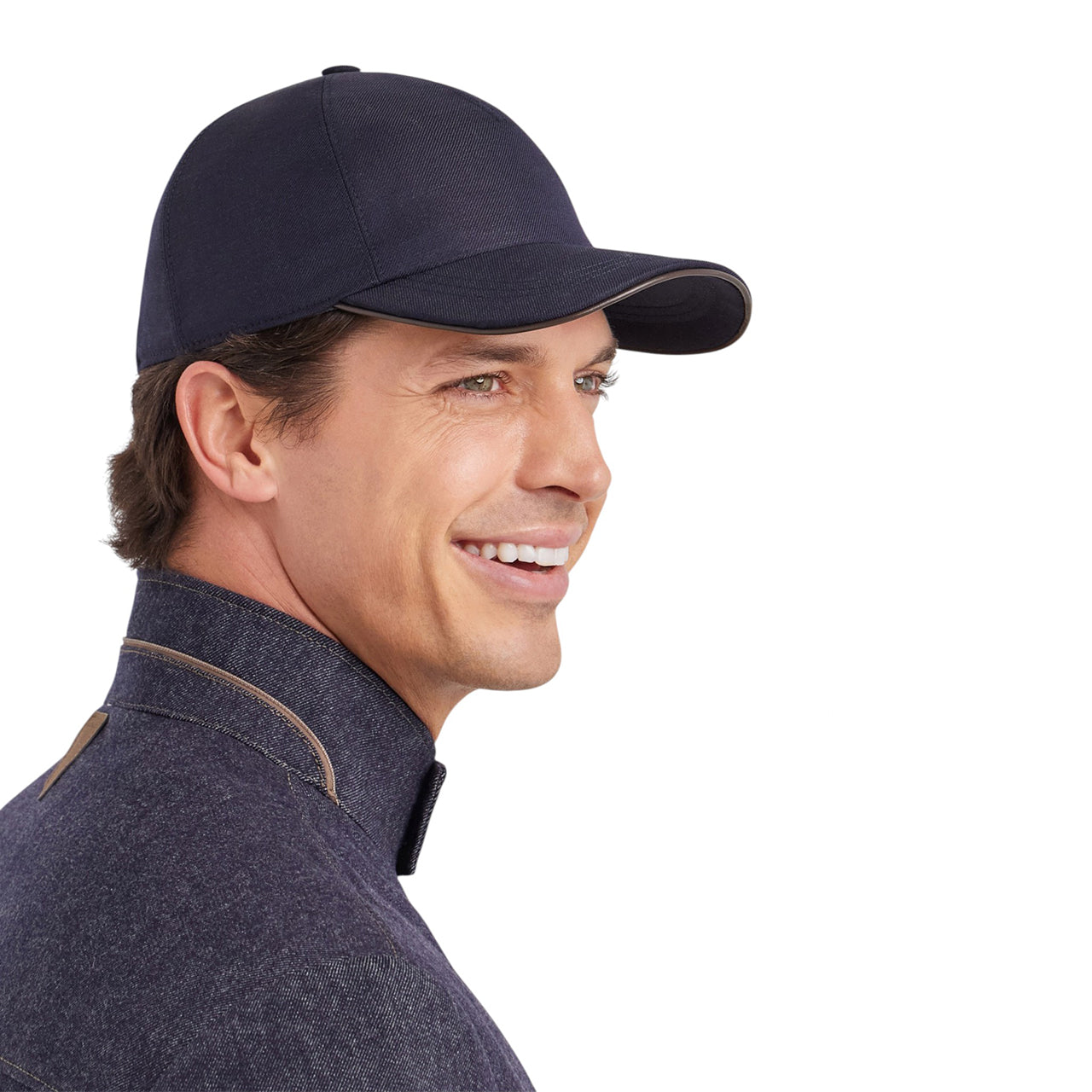 Blue baseball cap in a wool and linen blend with nappa leather details
