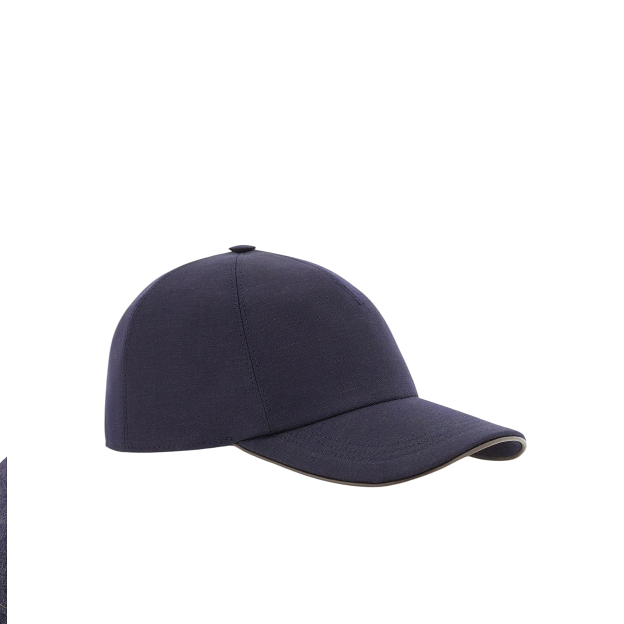 Blue baseball cap in a wool and linen blend with nappa leather details