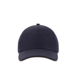 Blue baseball cap in a wool and linen blend with nappa leather details