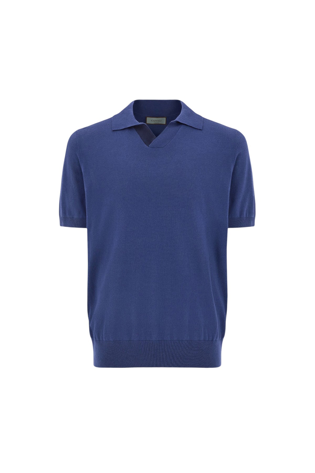 Air force blue polo shirt in cotton modal with leather details